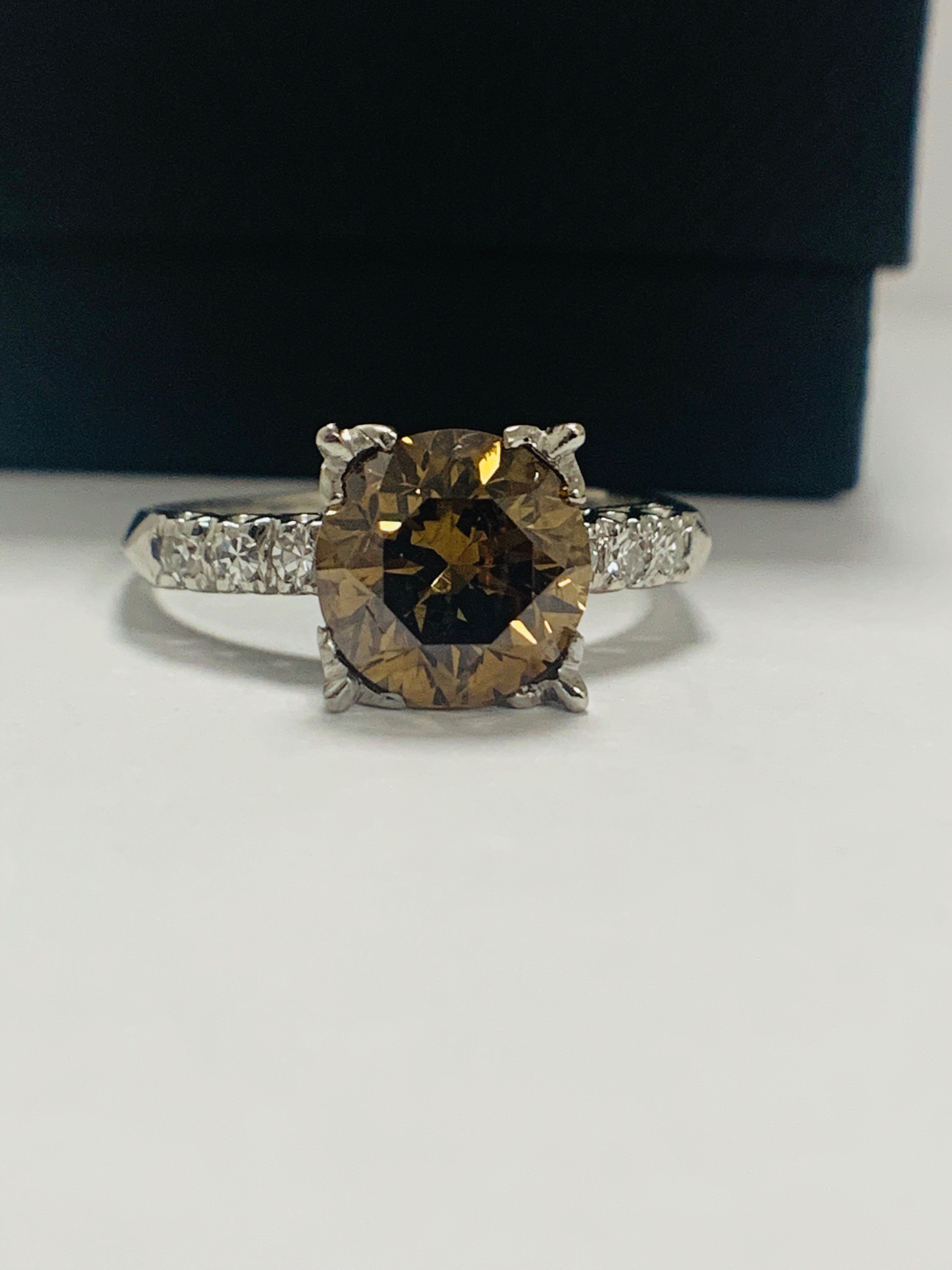 Platinum Diamond Ring Featuring Centre, Round Brilliant Cut, Medium Yellowish Brown Diamond (3.20ct)