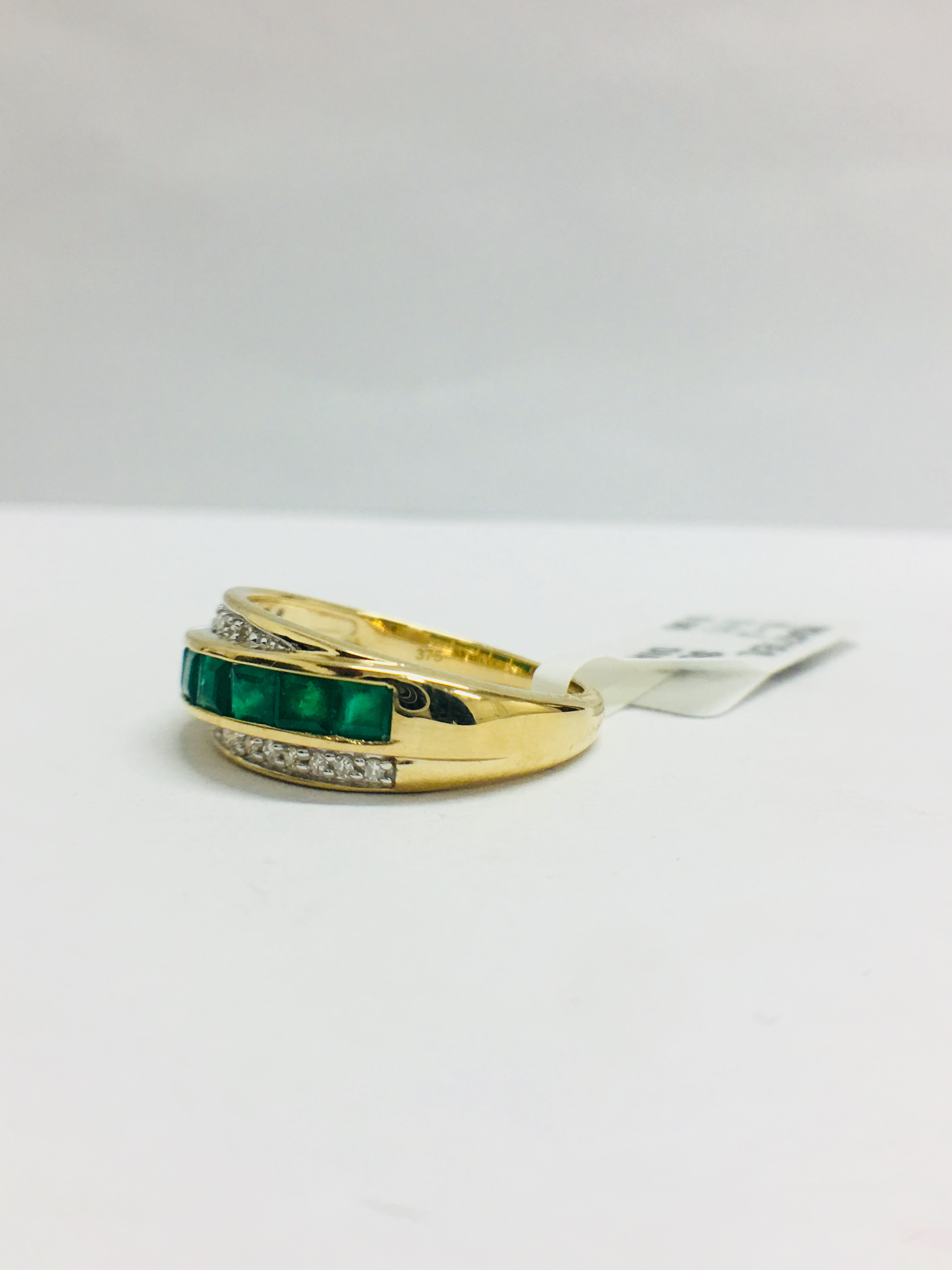 9Ct Yellow Gold Diamond Emerald Crossover Style Ring, - Image 3 of 10