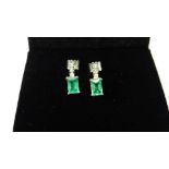 Emerald And Diamond Drop Style Earrings Each Set With An Rectangular Cut Emerald,