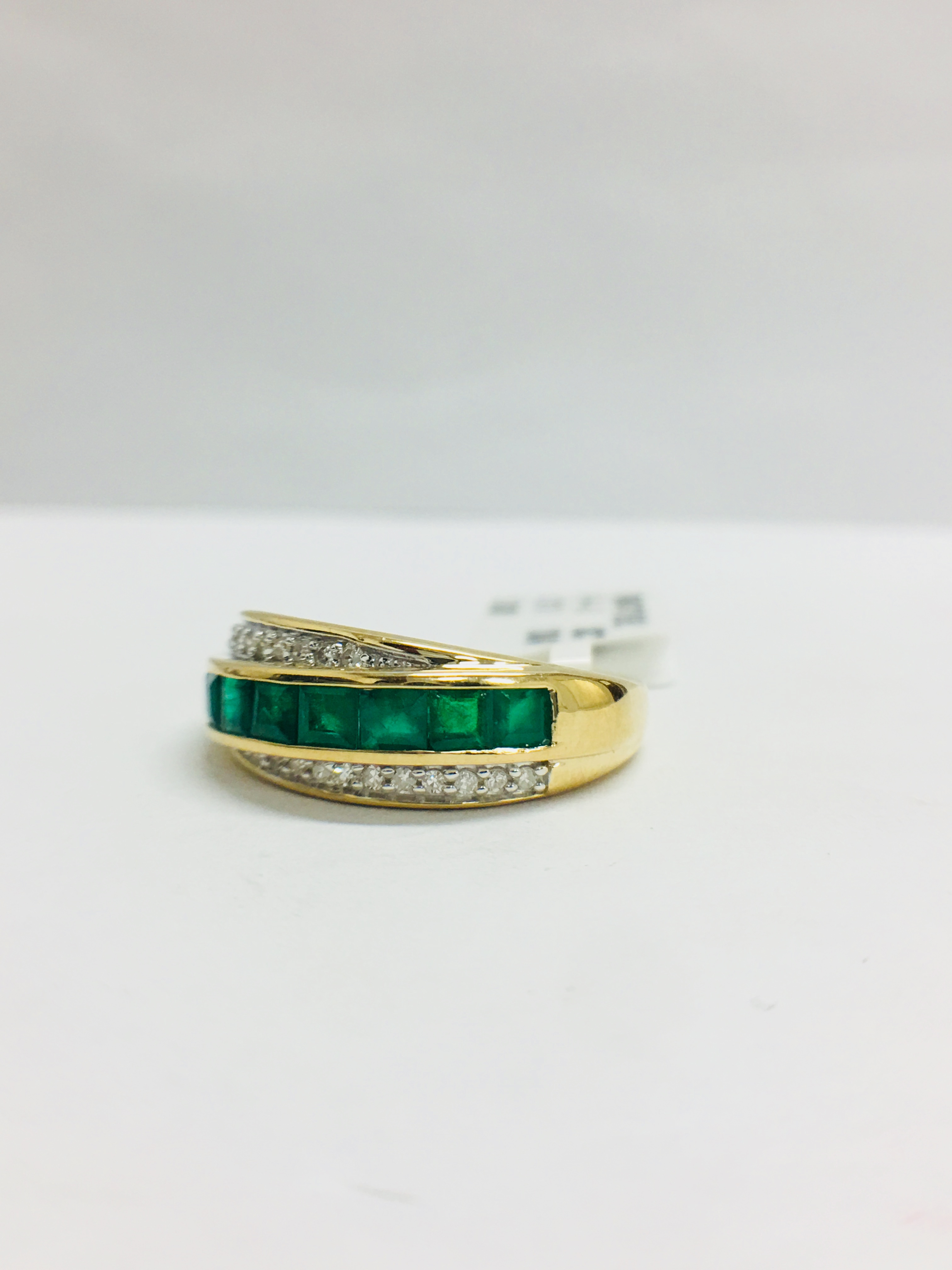 9Ct Yellow Gold Diamond Emerald Crossover Style Ring, - Image 2 of 10