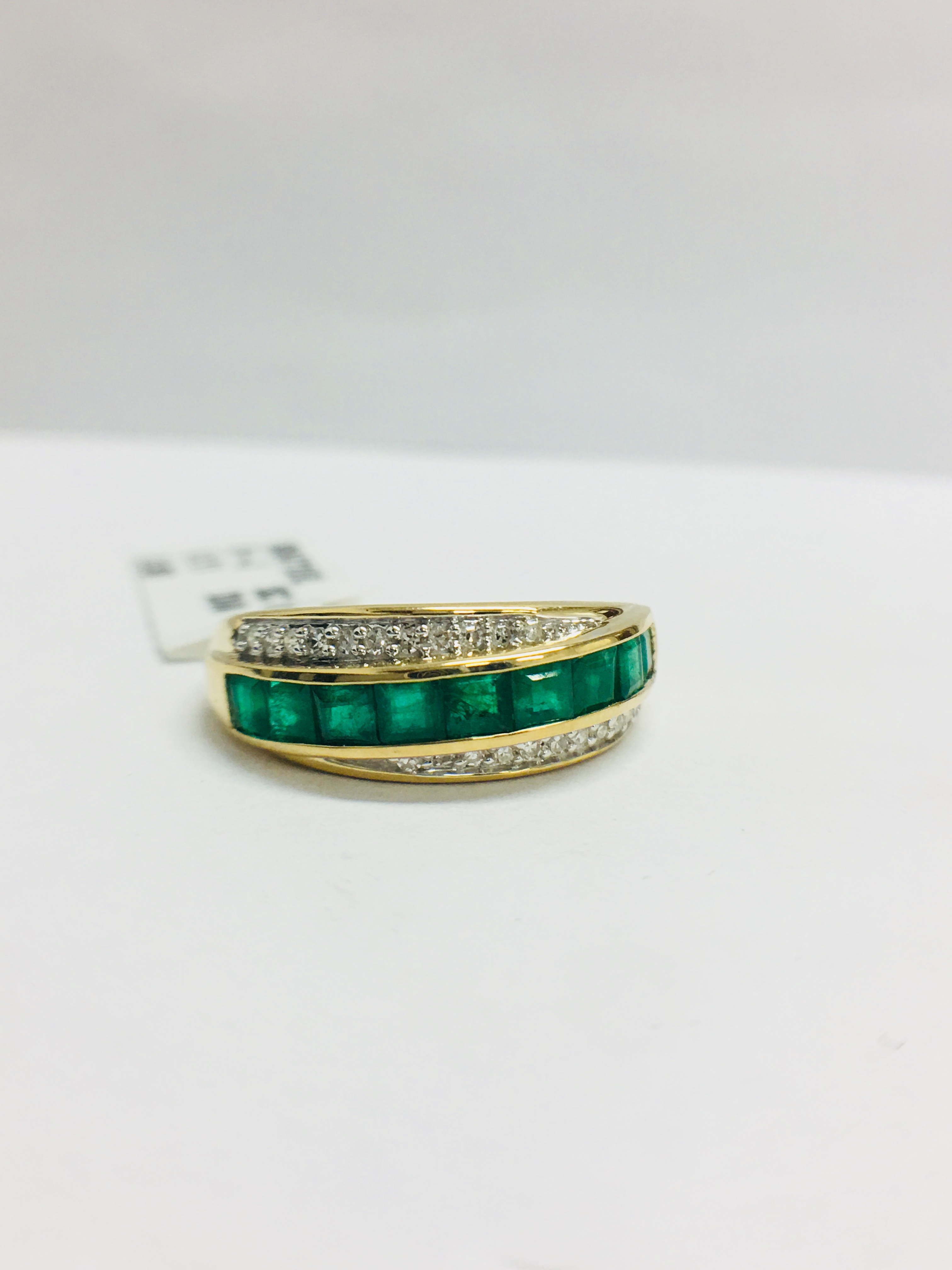9Ct Yellow Gold Diamond Emerald Crossover Style Ring, - Image 9 of 10