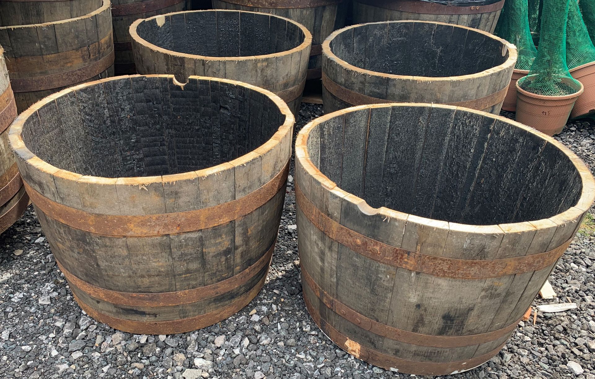 8 X CUT OAK WHISKEY BARRELL PLANTERS