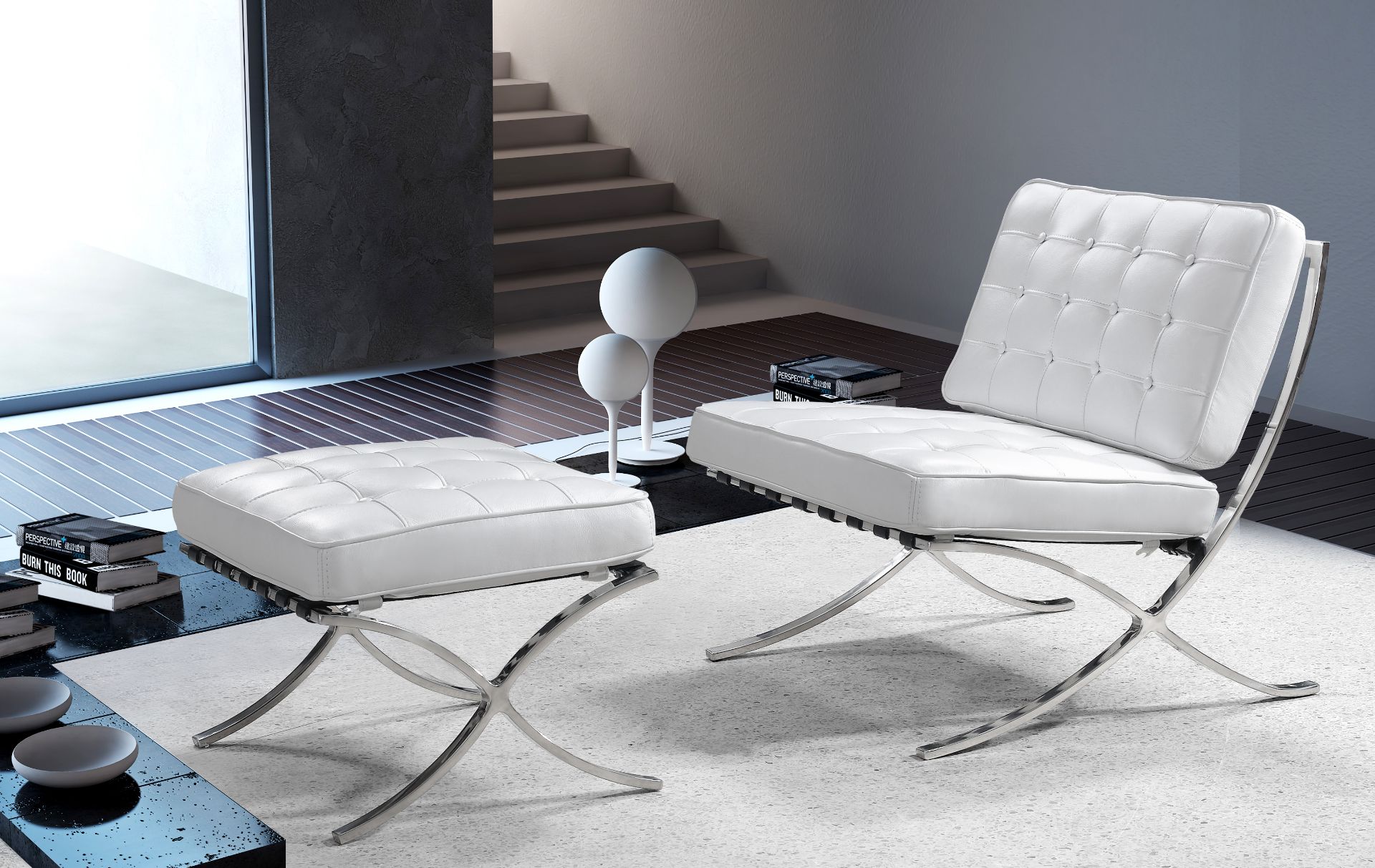 BRAND NEW BOXED LEATHER WHITE BARCELONA CHAIR AND FOOTSTOOL