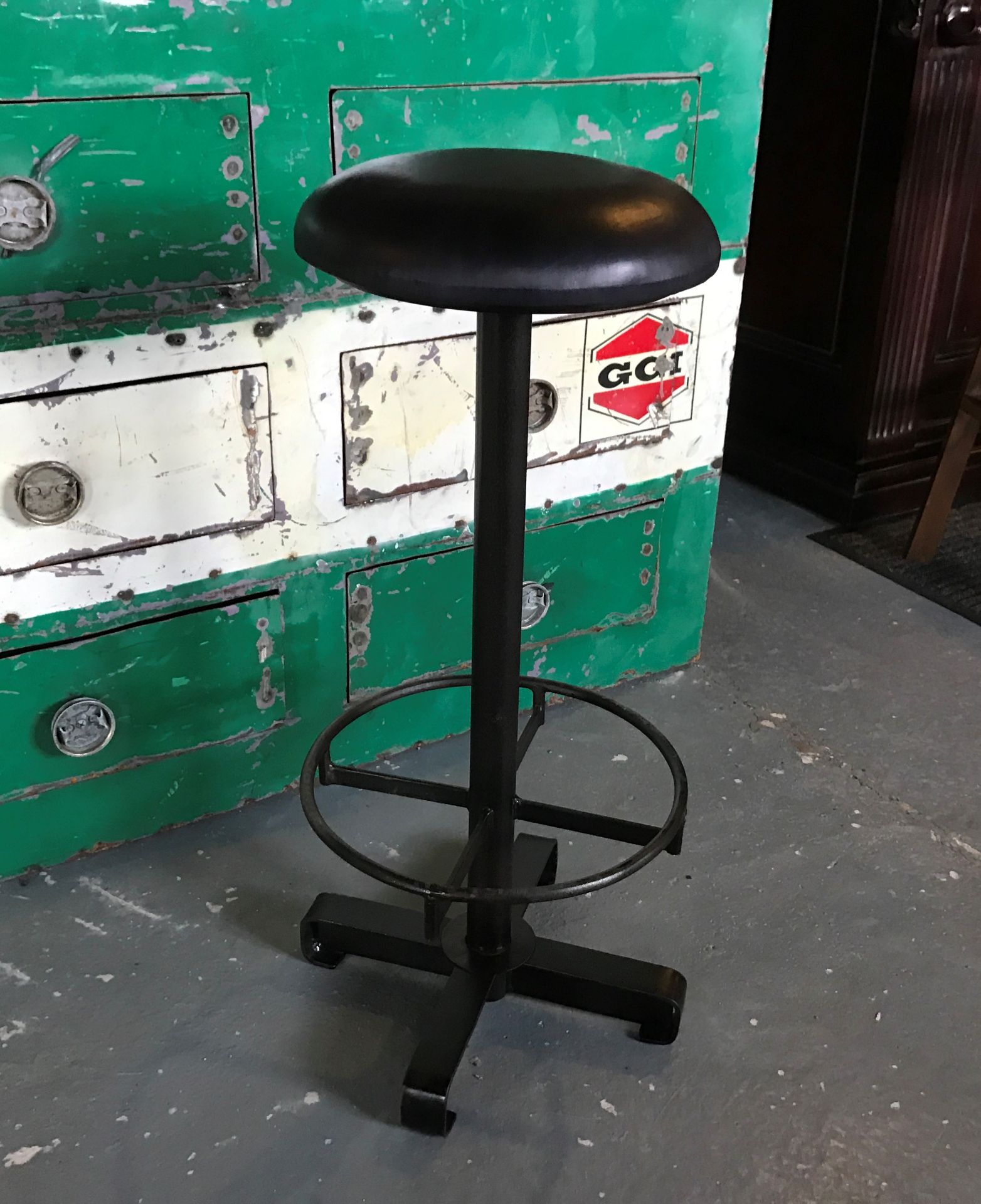 BOXED NEW BROWN BLACK LEATHER INDUSTRIAL BAR STOOL