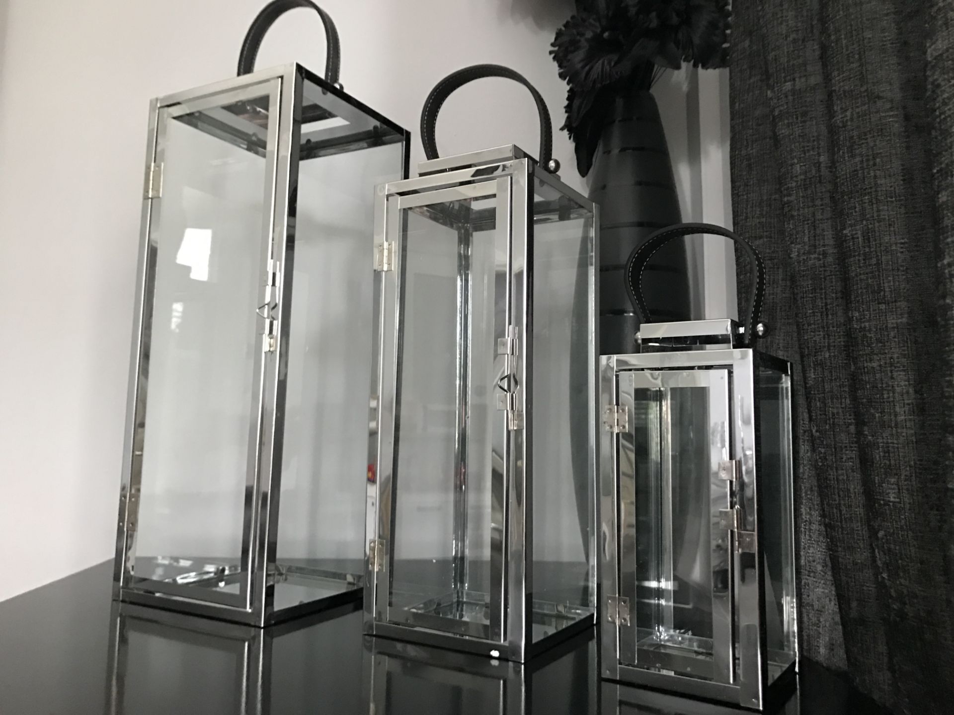 BOXED NEW SET 3 CHROME GLAZED CANDLE LANTERNS