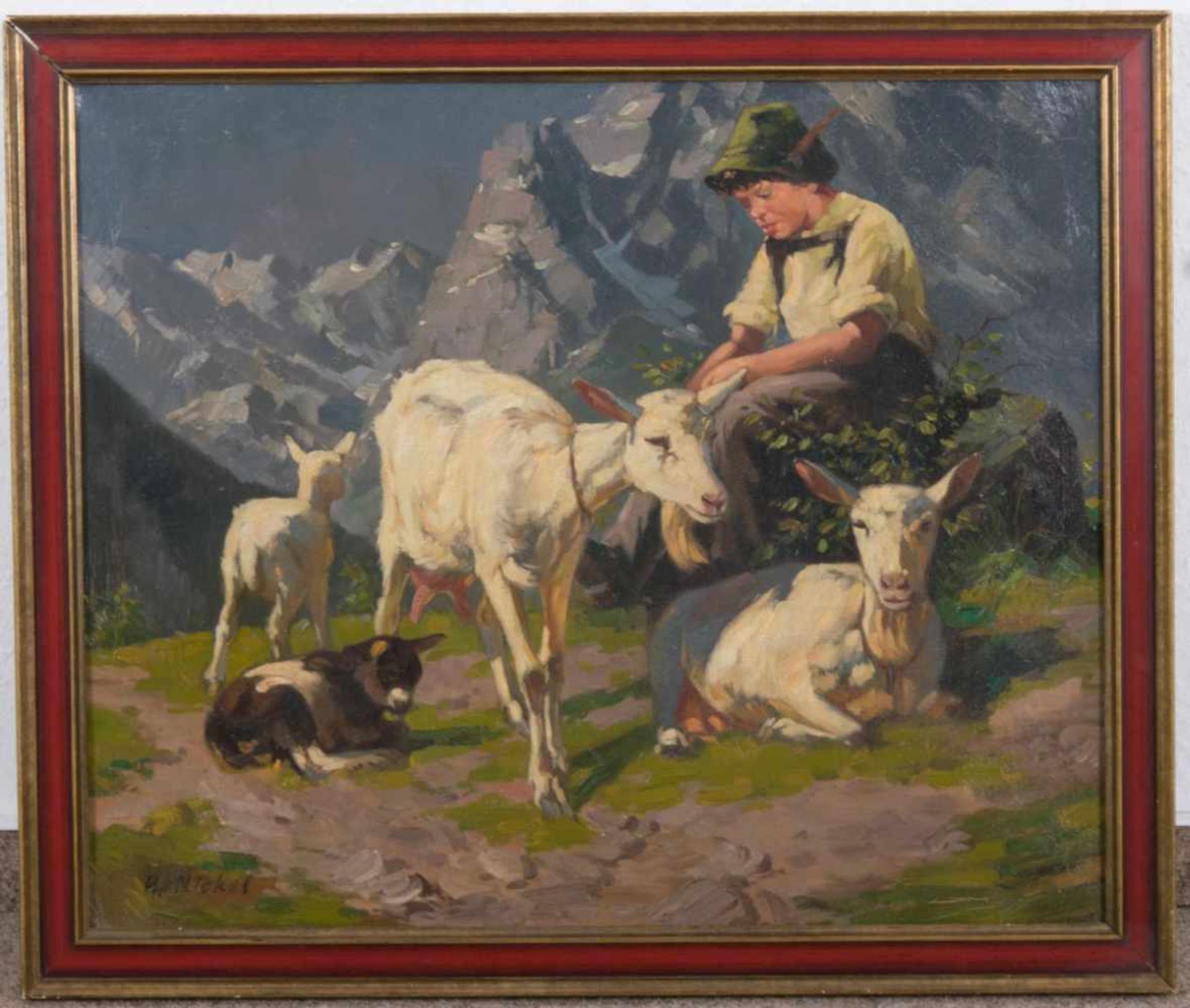 "Ziegenhirt in den Bergen" - Originaltitel. Gemälde, Öl auf Leinwand, ca. 51 x 61 cm, signiert unten