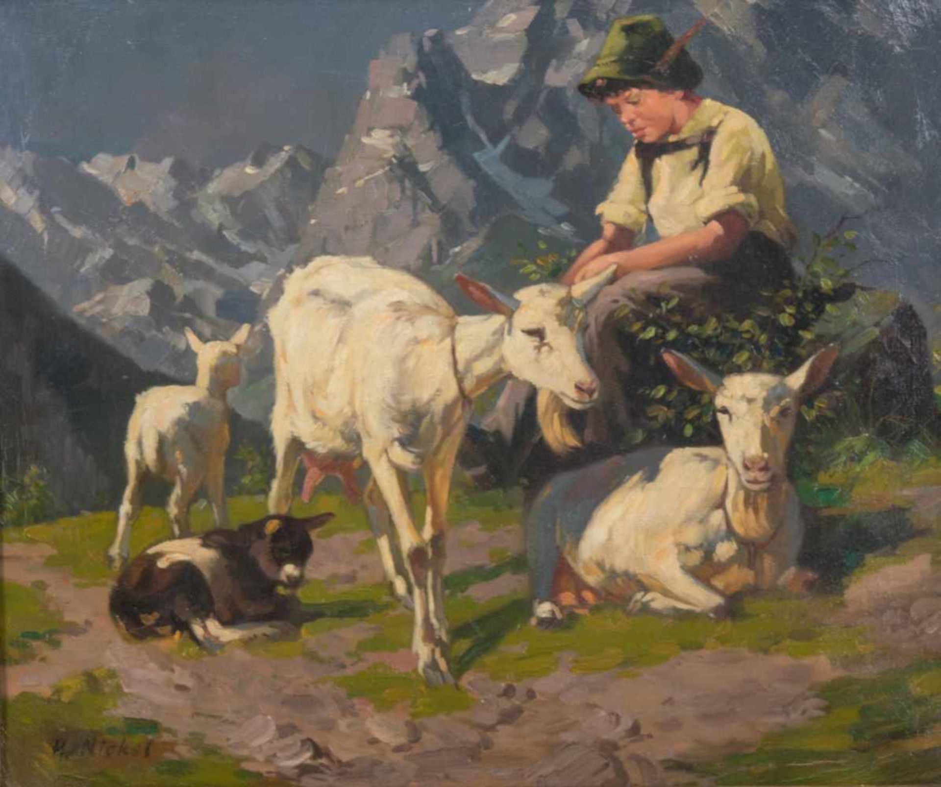 "Ziegenhirt in den Bergen" - Originaltitel. Gemälde, Öl auf Leinwand, ca. 51 x 61 cm, signiert unten - Image 2 of 4