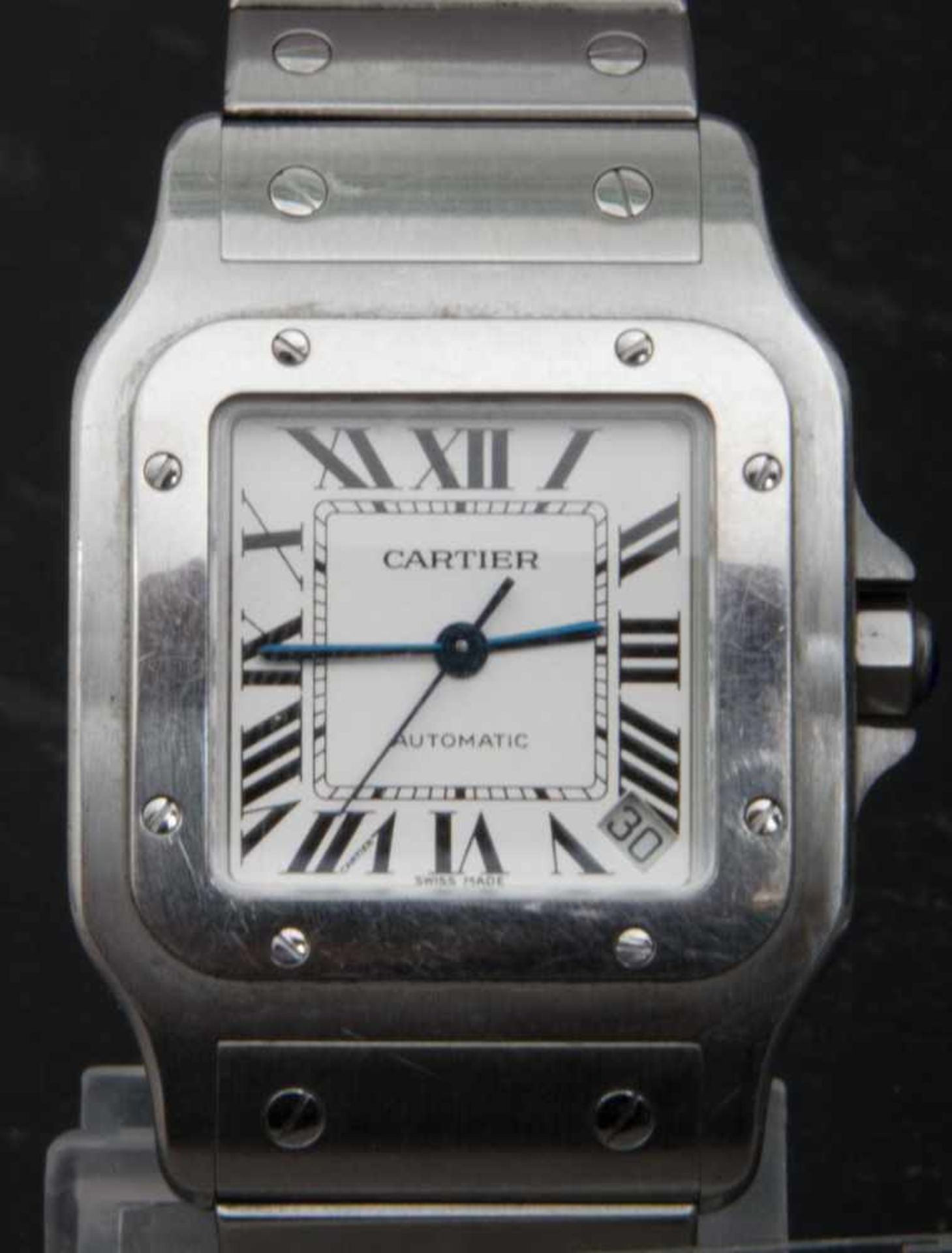 CARTIER "SANTOS DE CARTIER" AUTOMATIK Herrenarmbanduhr mit zentraler Sekunde und Datum auf der "