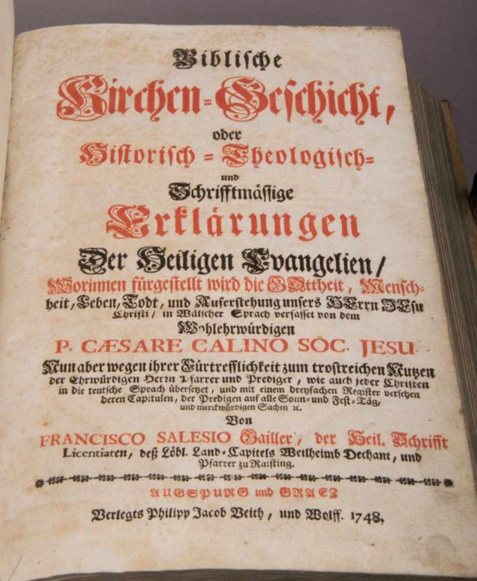 "Biblische Kirchengeschicht(e)", P. Caesare Calino, Augsburg 1748. Geprägter Schweinsledereinband - Image 3 of 10