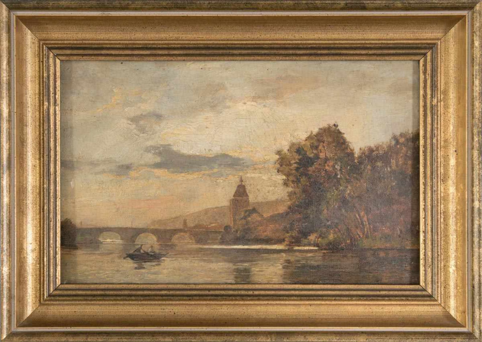 "Der Bootsausflug" - kleinformatiges Gemälde, Öl auf Leinwand, ca. 16,5 x 26,5 cm, unsigniert, 19./ - Bild 4 aus 4