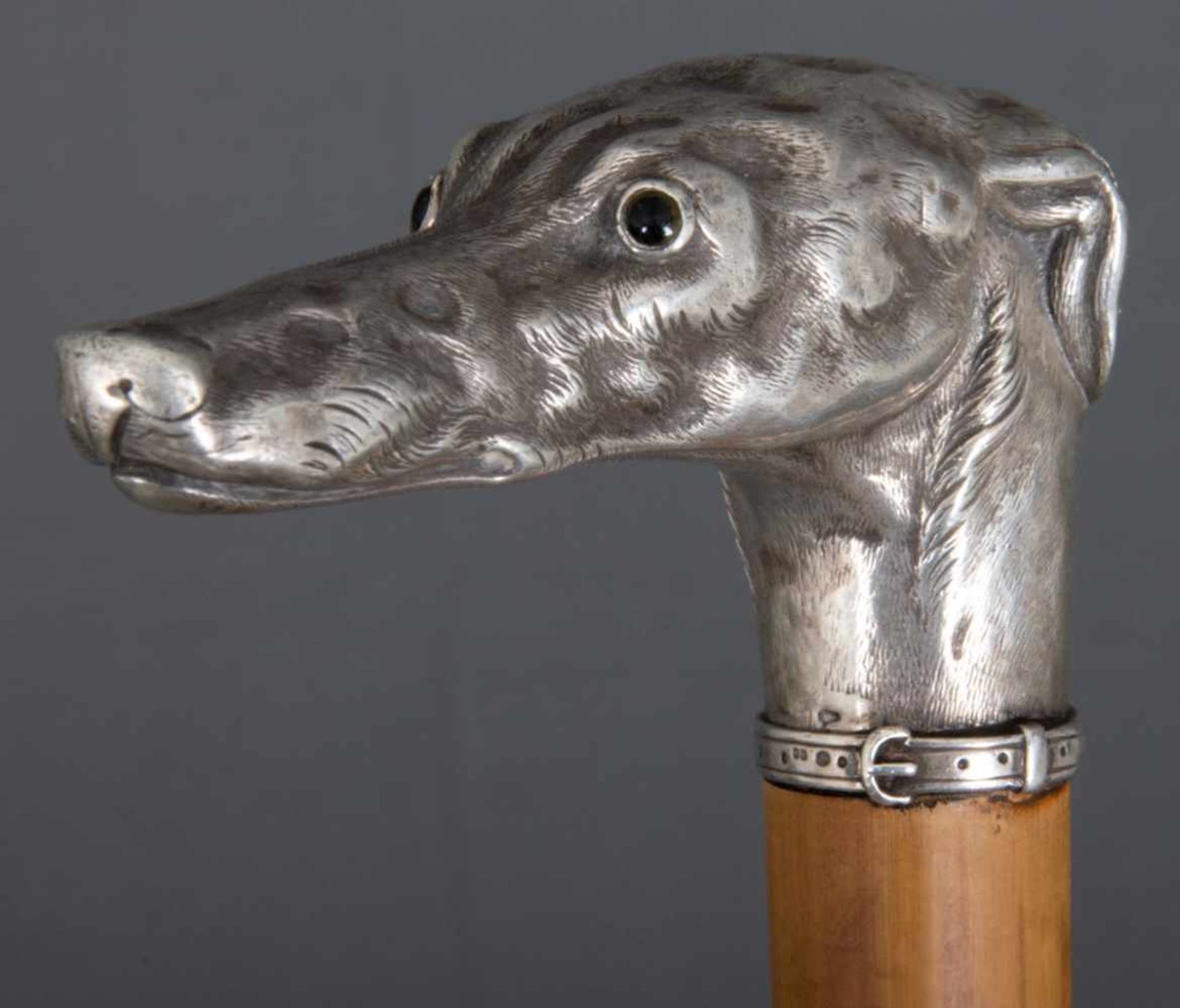 Extravaganter Flanierstock/Spazierstock, Griff in Form eines Windhundes, Silber, eingesetzte
