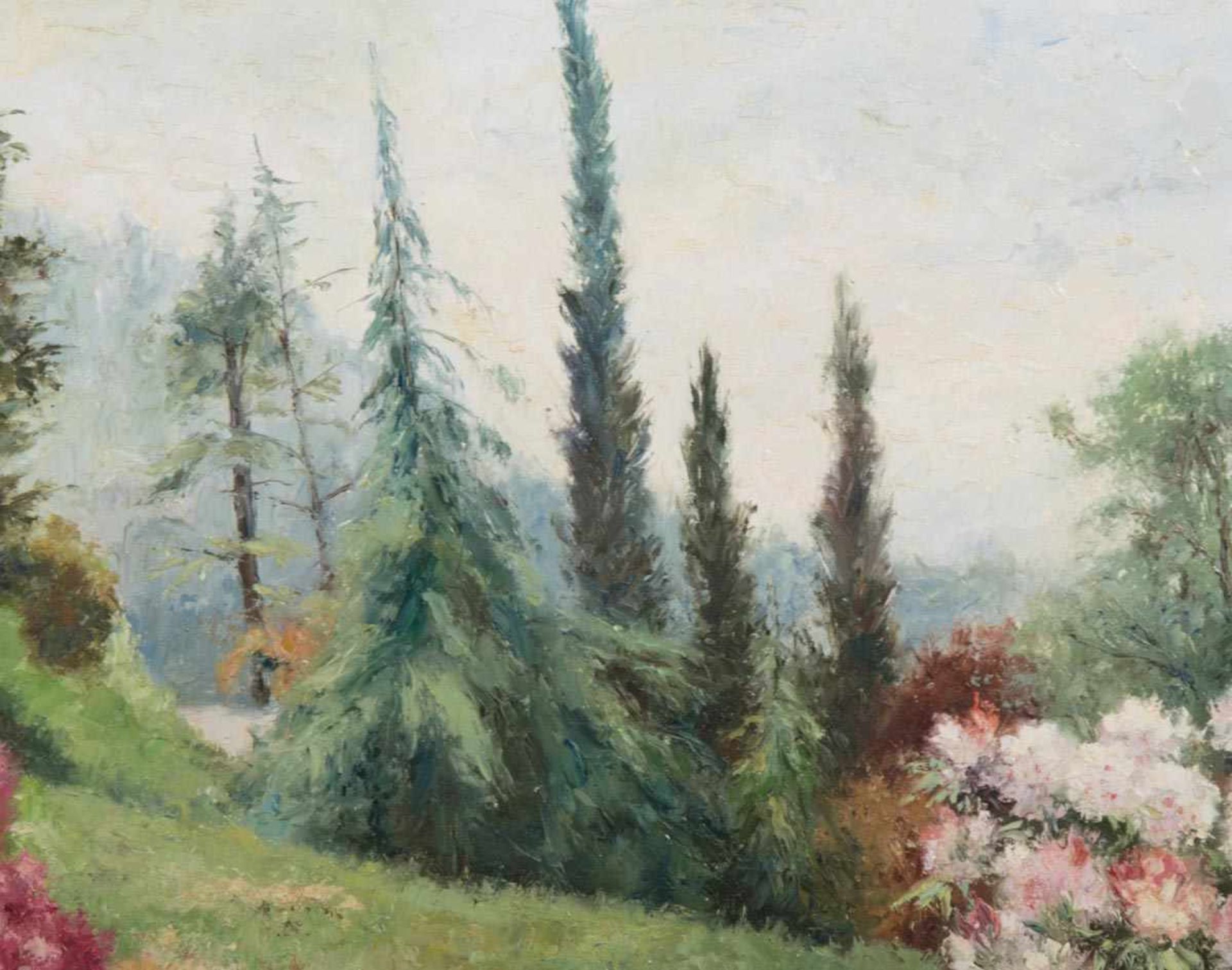 "Blühender Garten". Gemälde, Öl auf Leinwand, unten links undeutlich signiert, ungerahmt, ca. 70 x - Image 3 of 6