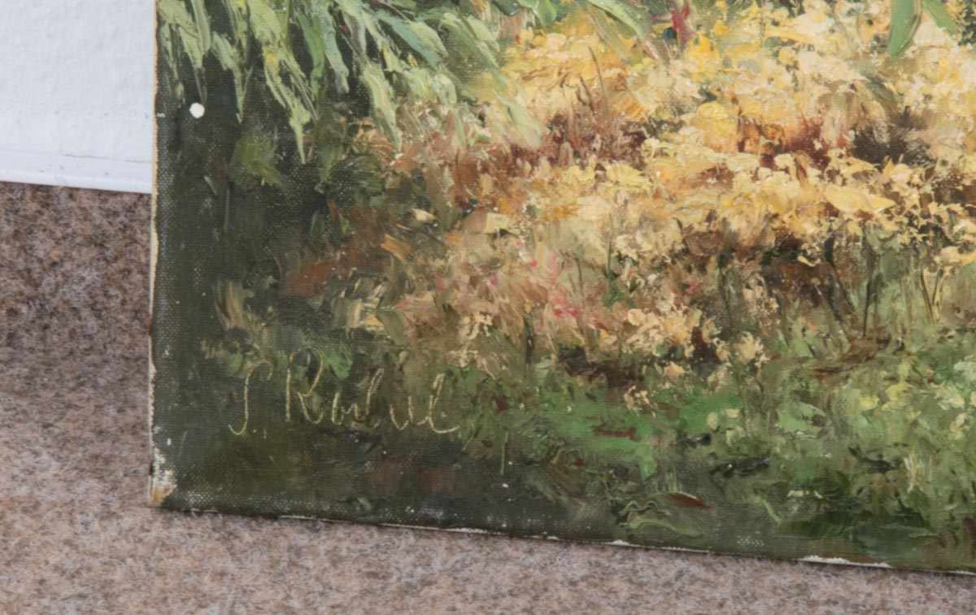 "Blühender Garten". Gemälde, Öl auf Leinwand, unten links undeutlich signiert, ungerahmt, ca. 70 x - Image 5 of 6