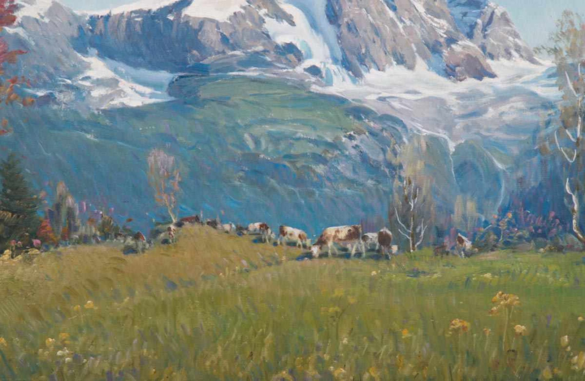"Kühe vor sommerlichem Alpenpanorama". Gemälde, Öl auf Leinwand, ungerahmt, ca. 71 x 100 cm. - Image 2 of 5