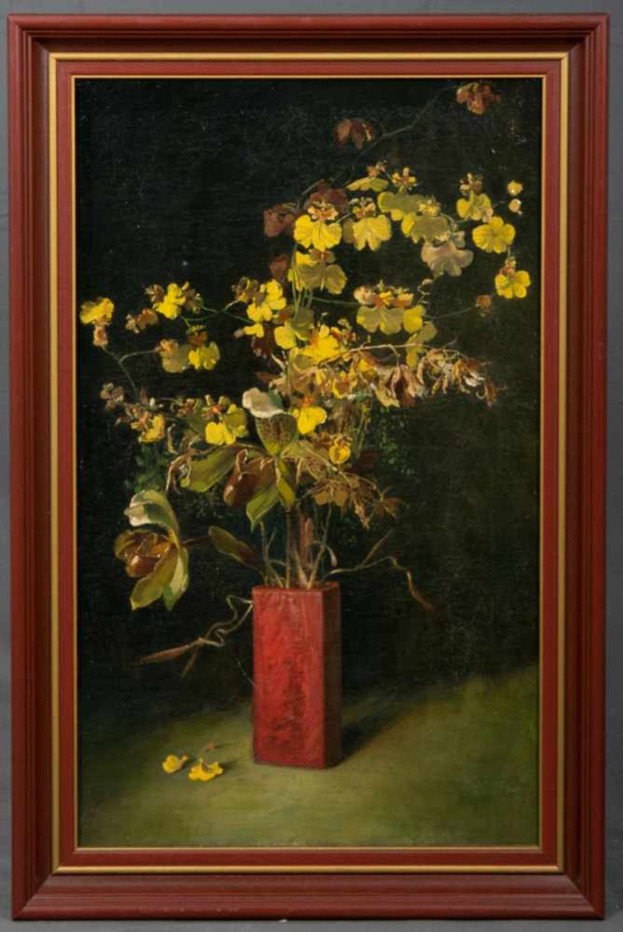 "Verwelkender Blumenstrauß" in kantiger Vase, Gemälde, Öl auf Leinwand, ca. 63 x 38,5 cm,