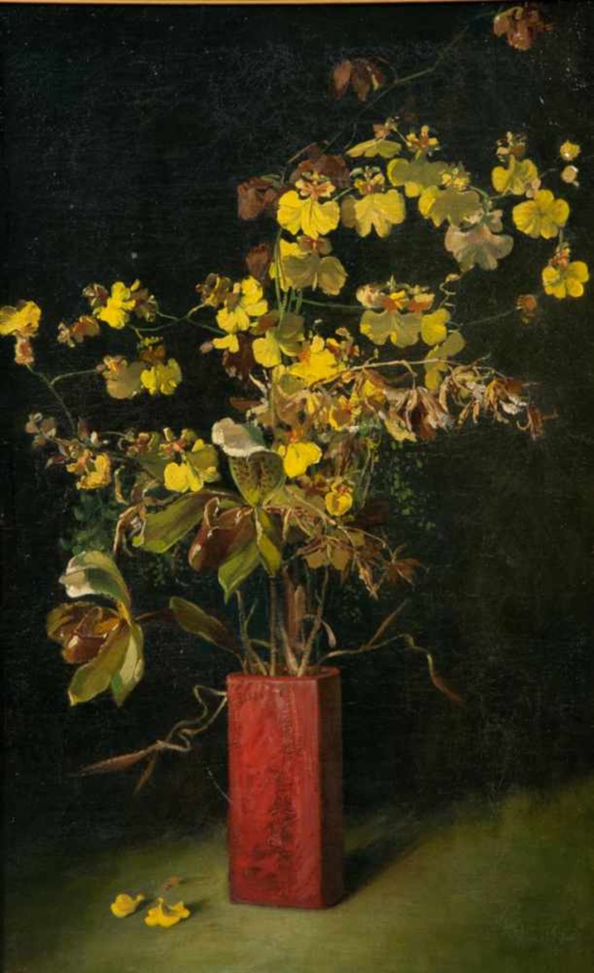 "Verwelkender Blumenstrauß" in kantiger Vase, Gemälde, Öl auf Leinwand, ca. 63 x 38,5 cm, - Image 2 of 5