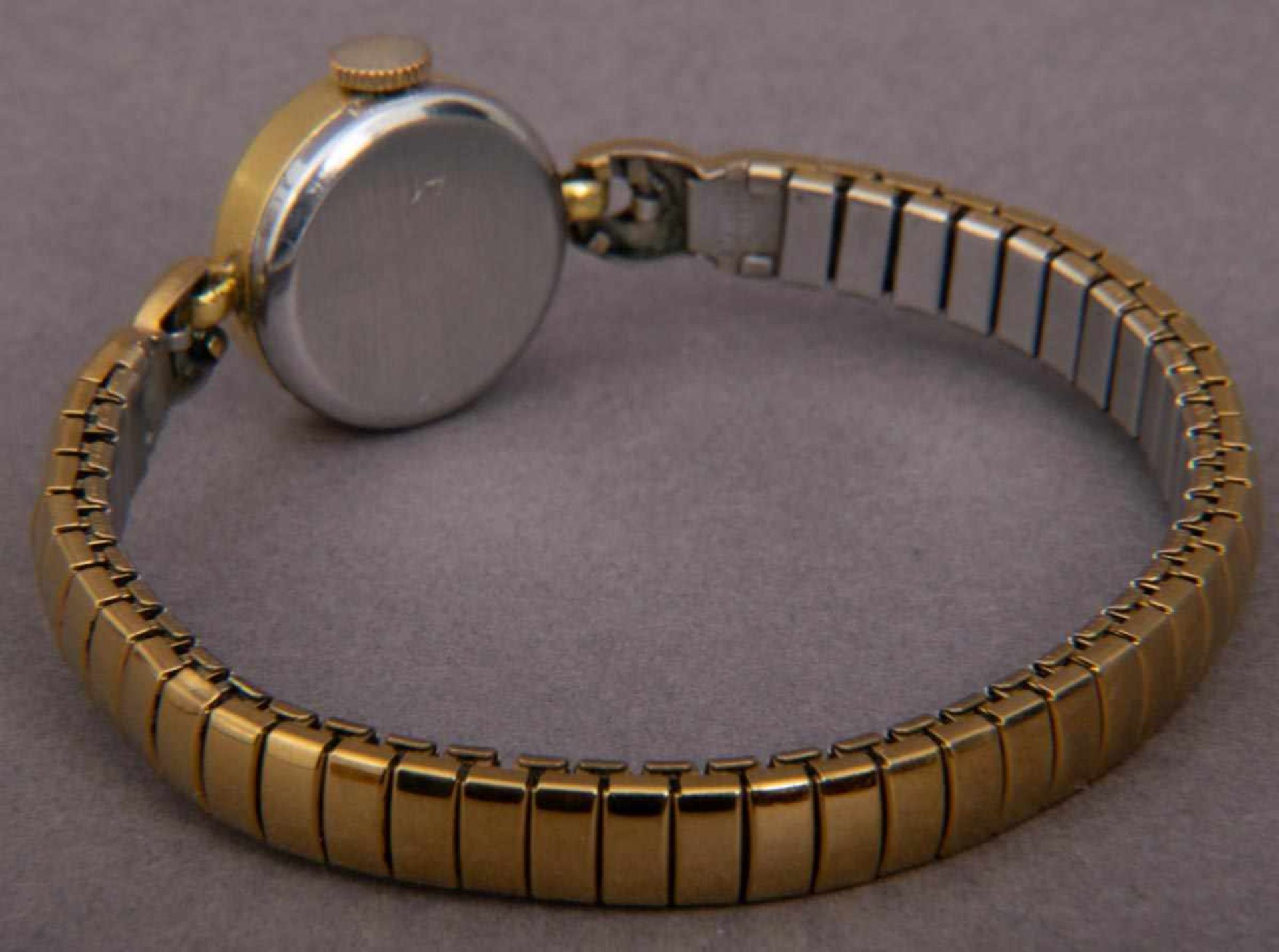 GLASHÜTTE - Damenarmbanduhr, vergoldetes Stahlgehäuse, Handaufzug, Flexarmband. Werk nicht auf - Bild 2 aus 5