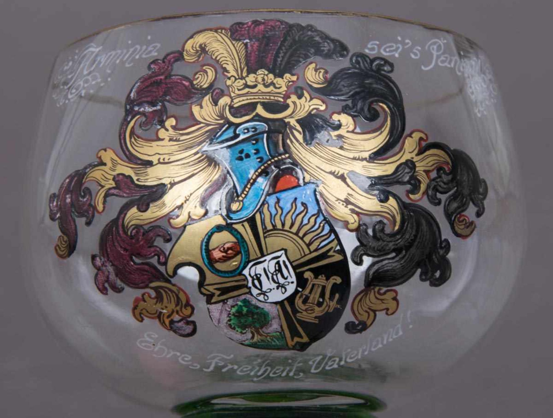 Studentisches Weinglas mit detailreicher, feiner Emaillemalerei "ARMINIA SEI`s PANIER" Höhe ca. 15
