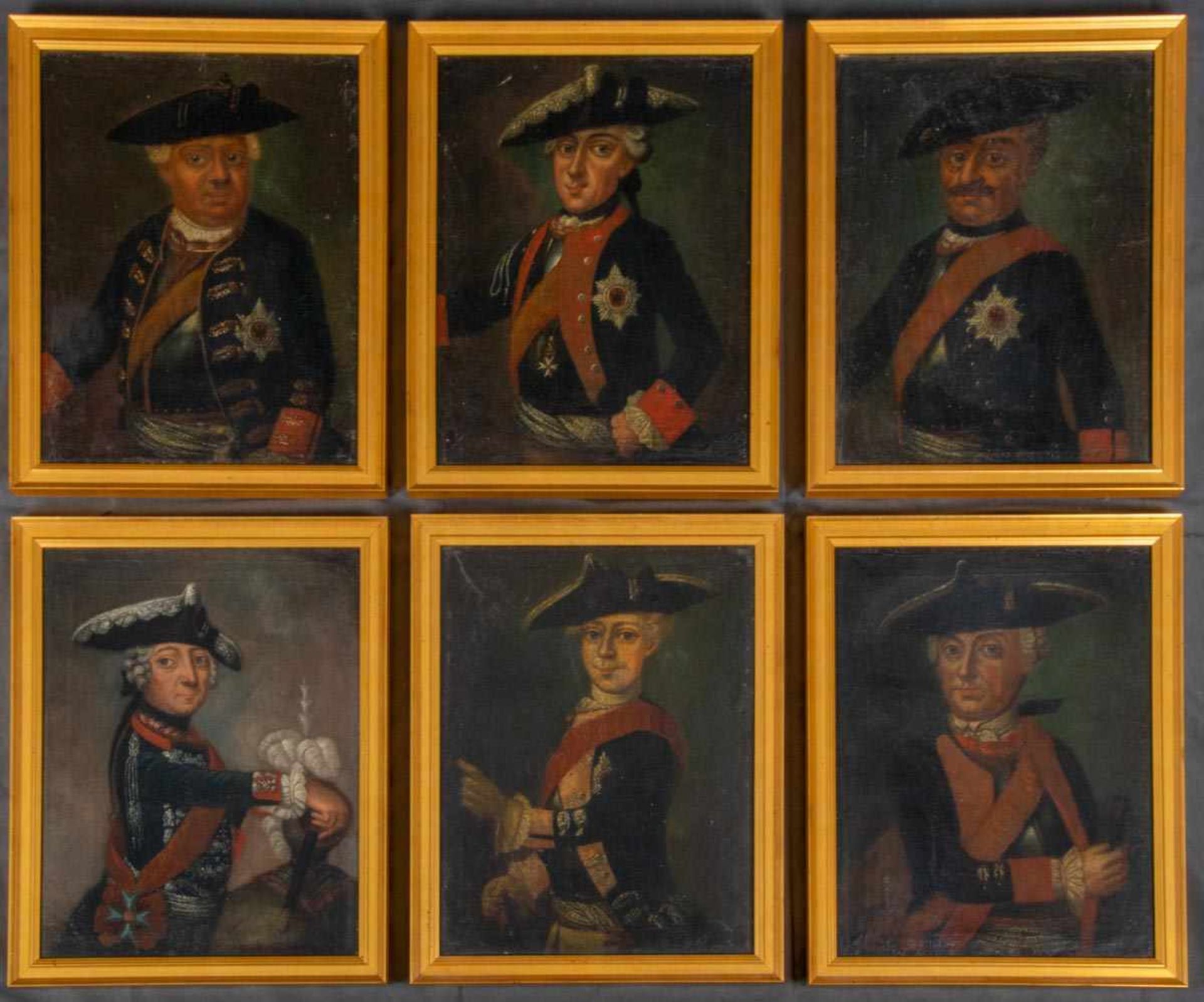 Identisch gerahmte, seltene Folge von 6 Gemälden/Herrenporträts, Öl auf Leinwand, 18. Jhd.,