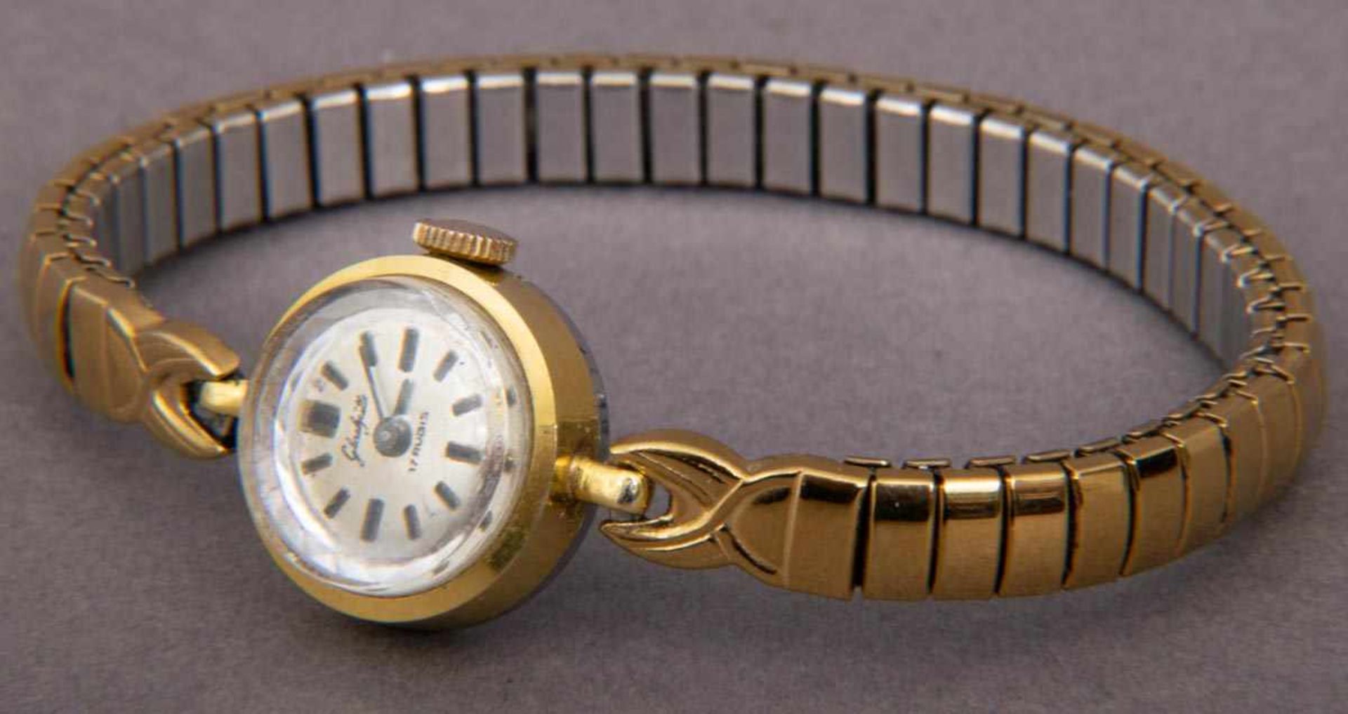 GLASHÜTTE - Damenarmbanduhr, vergoldetes Stahlgehäuse, Handaufzug, Flexarmband. Werk nicht auf - Bild 5 aus 5