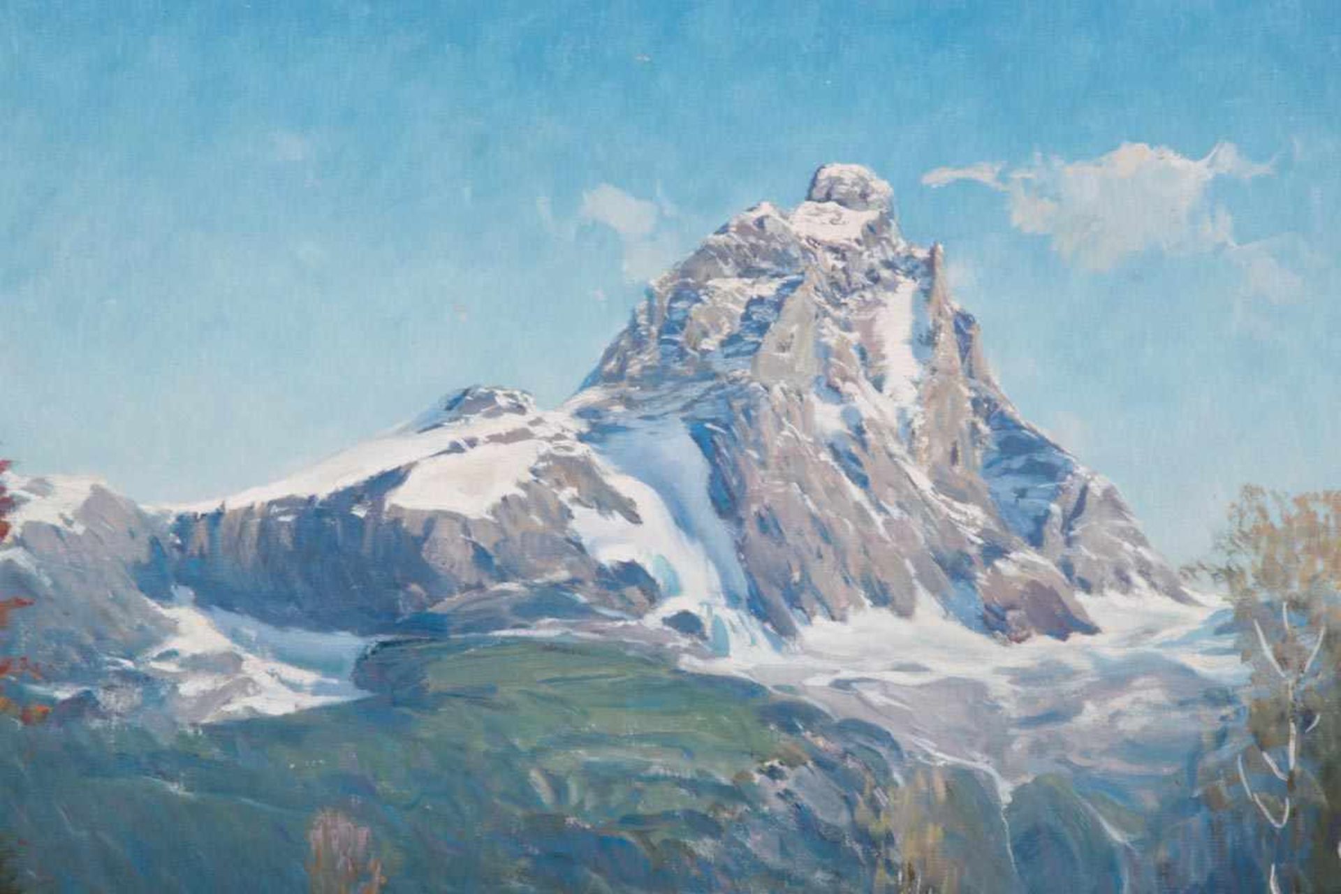 "Kühe vor sommerlichem Alpenpanorama". Gemälde, Öl auf Leinwand, ungerahmt, ca. 71 x 100 cm. - Image 3 of 5