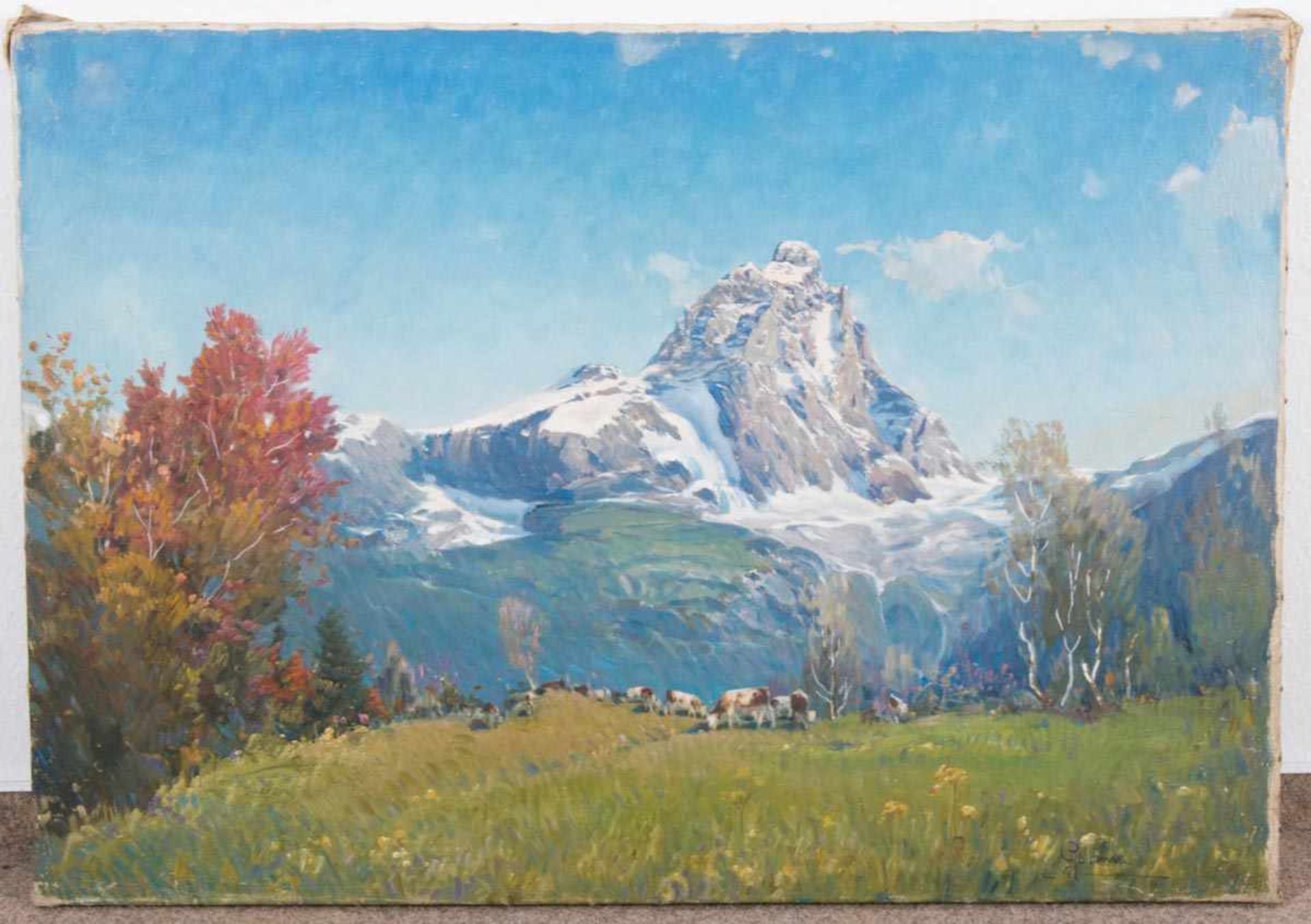 "Kühe vor sommerlichem Alpenpanorama". Gemälde, Öl auf Leinwand, ungerahmt, ca. 71 x 100 cm.
