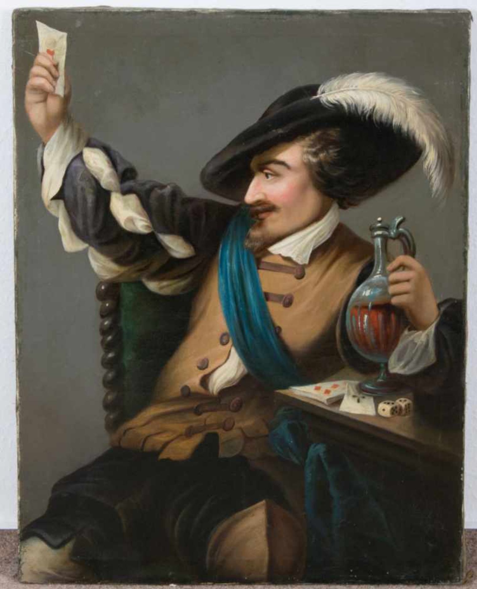 "Edelmann bei Wein & Spiel", historisierende Malerei um 1900, ca. 83 x 64 cm, unsigniert.