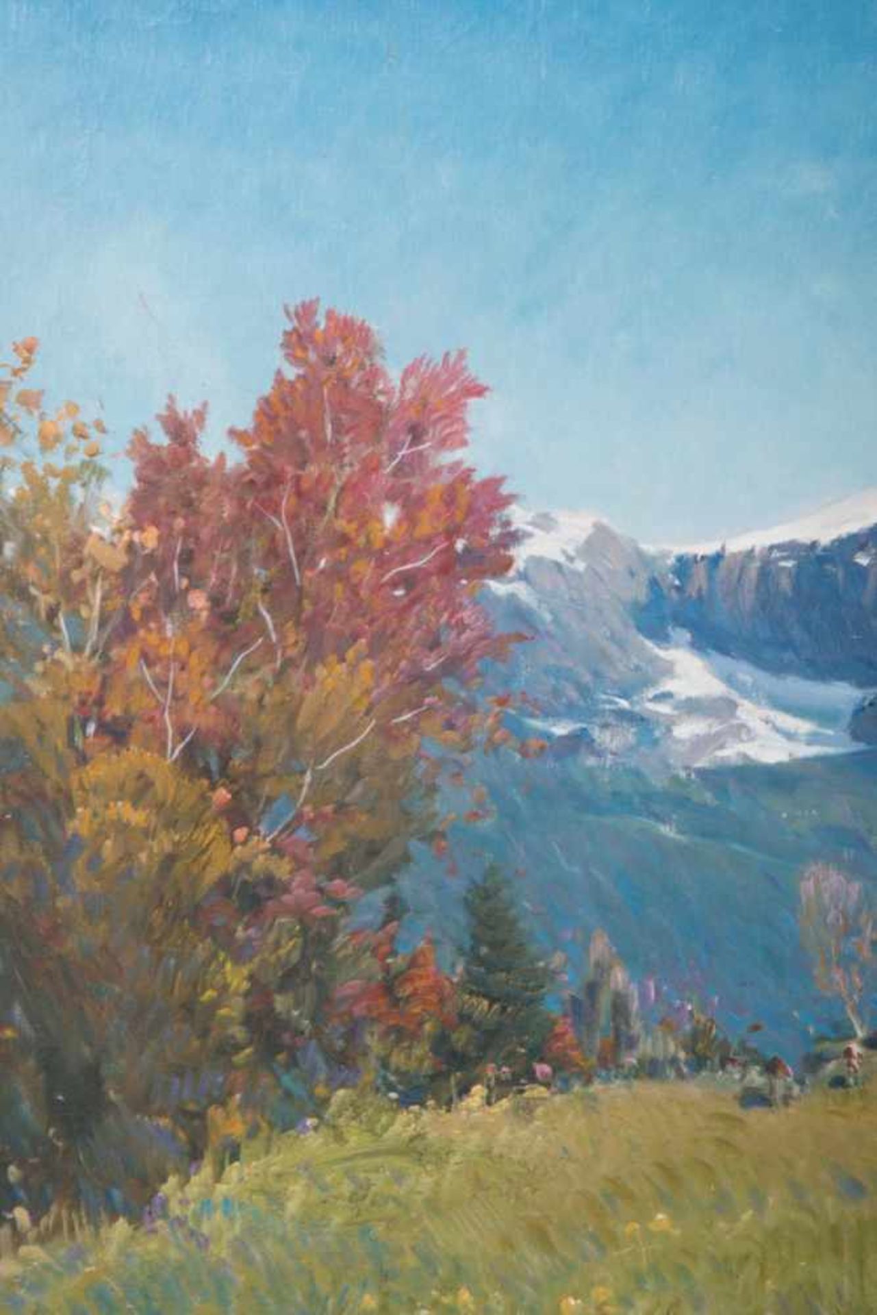 "Kühe vor sommerlichem Alpenpanorama". Gemälde, Öl auf Leinwand, ungerahmt, ca. 71 x 100 cm. - Image 4 of 5