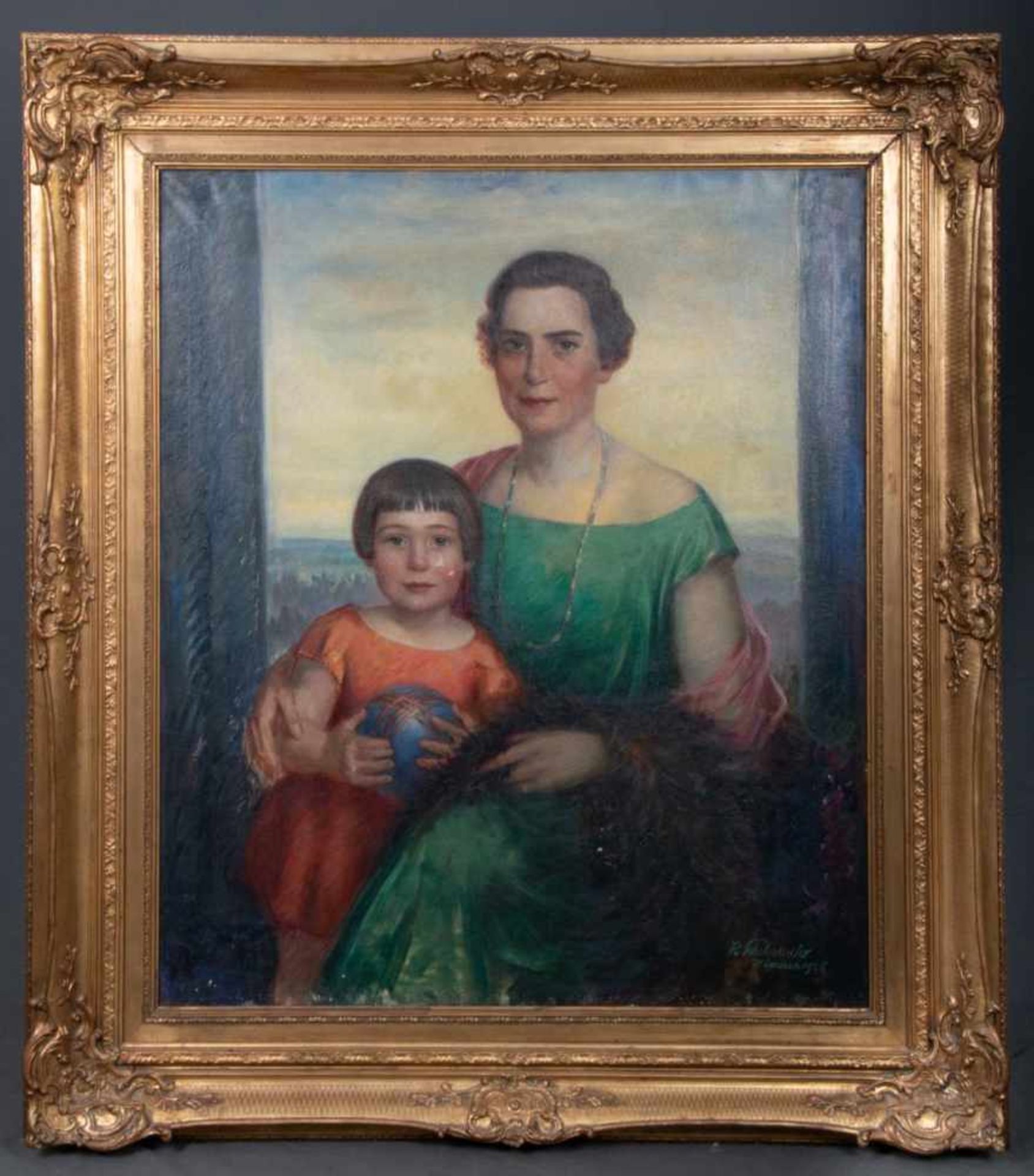 Großes "Mutter & Tochter"-Porträt. Gemälde, Öl auf Leinwand ca. 102 x 84 cm, signiert unten