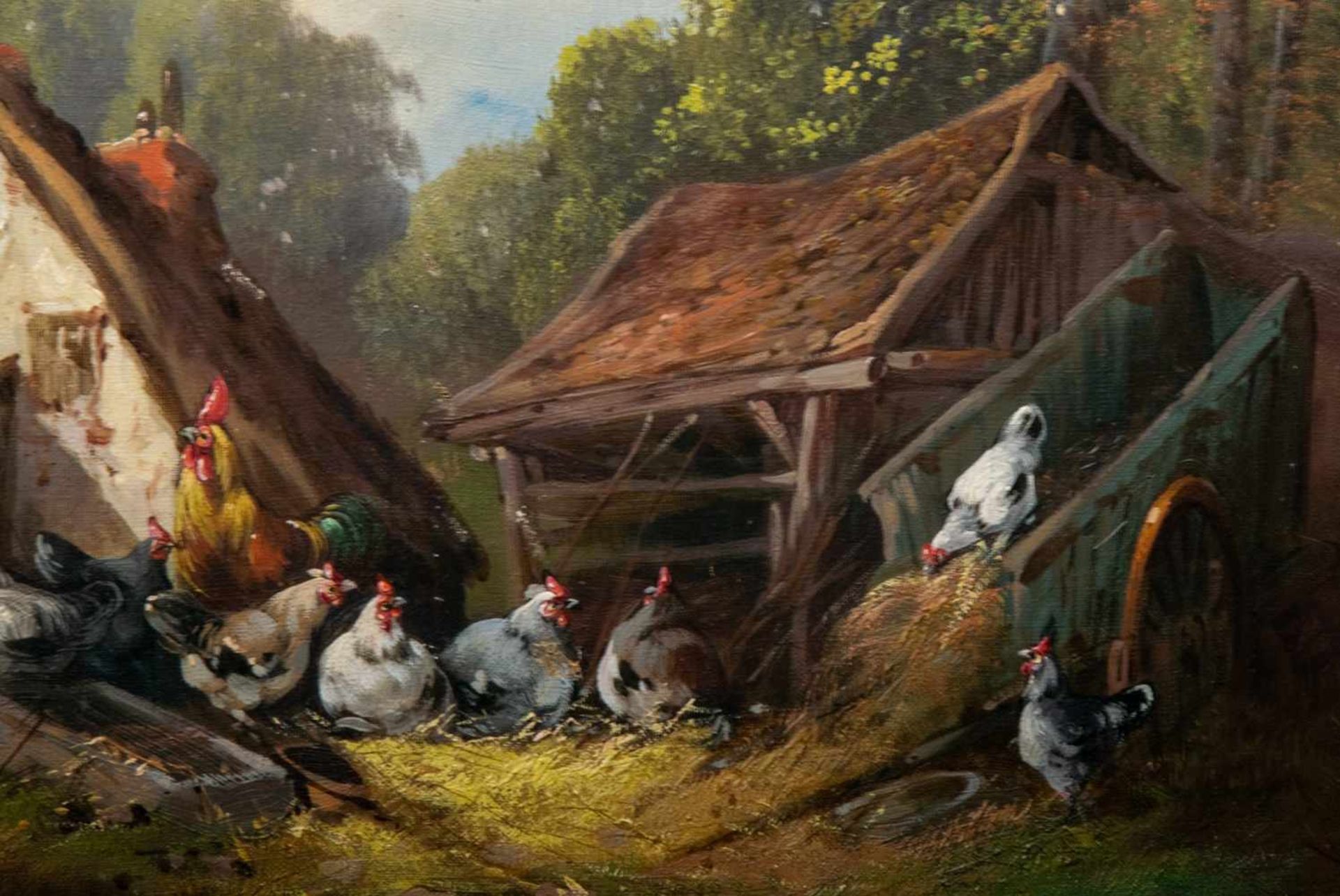 "Hühnerstall", Gemälde, Öl auf Leinwand, ca. 46 x 55 cm, signiert "B. Baliguant", prächtiger - Bild 3 aus 6