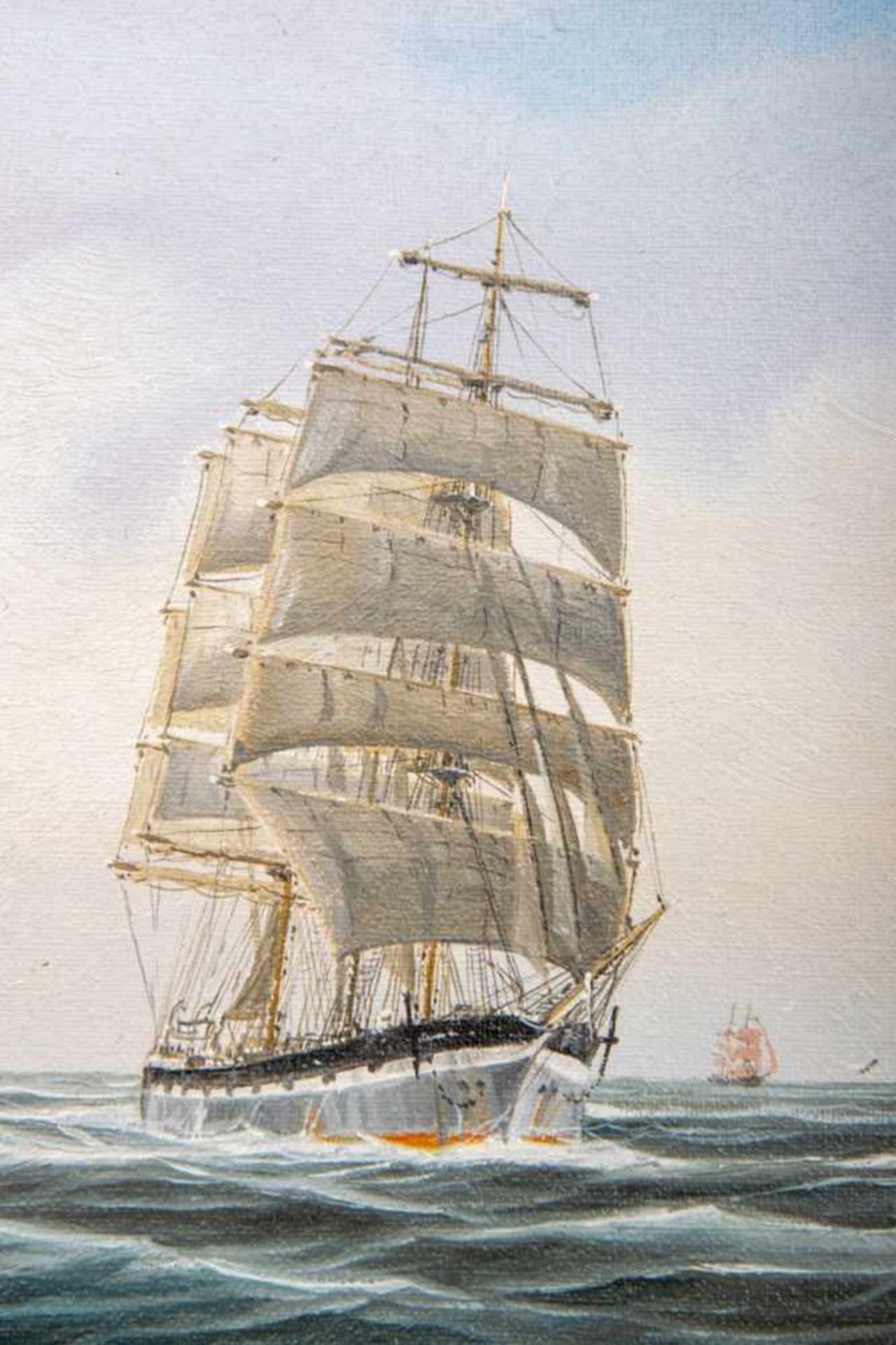 "Dreimaster"-Küstensegler, kleinformatiges Gemälde, Öl auf Leinwand, ca. 18 x 24 cm, Rahmen - Bild 3 aus 4