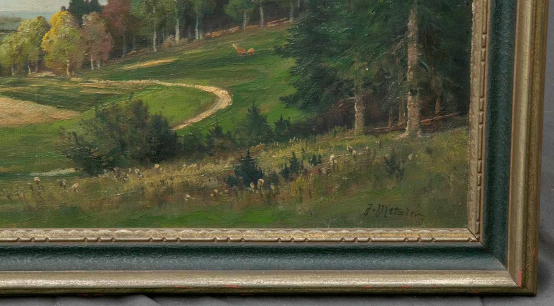 "Harzvorland", Gemälde, Öl auf Leinwand, ca. 50 x 60 cm, signiert J.Metzler = Jan Metzler, dt. - Bild 4 aus 6