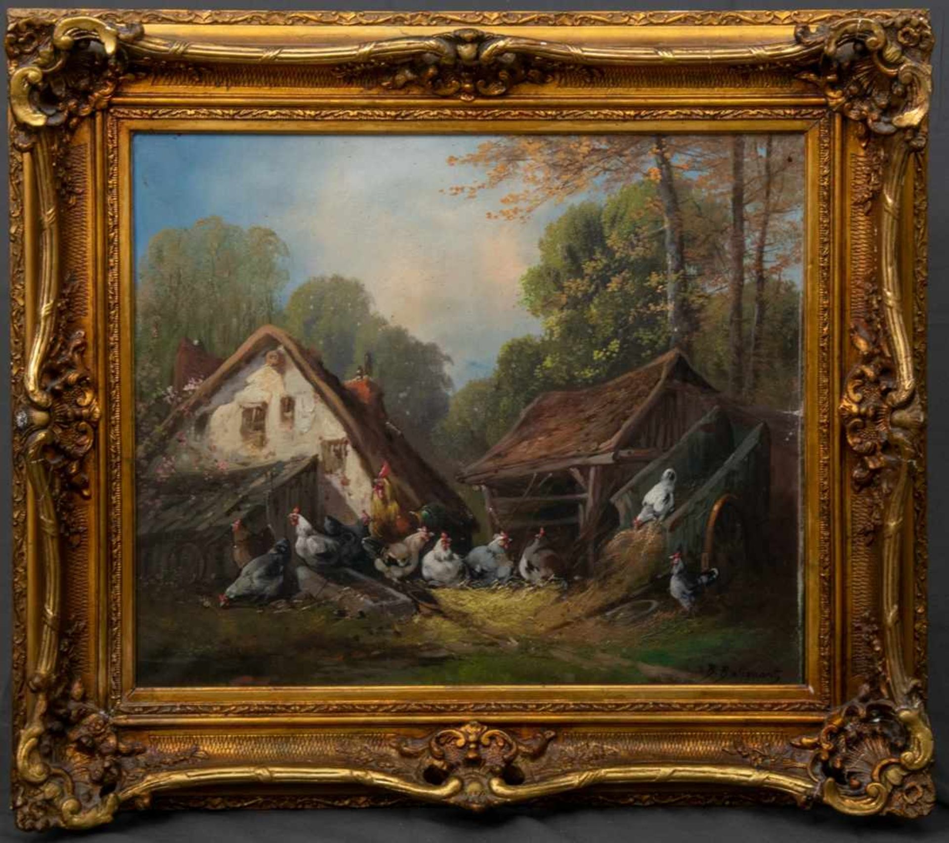 "Hühnerstall", Gemälde, Öl auf Leinwand, ca. 46 x 55 cm, signiert "B. Baliguant", prächtiger