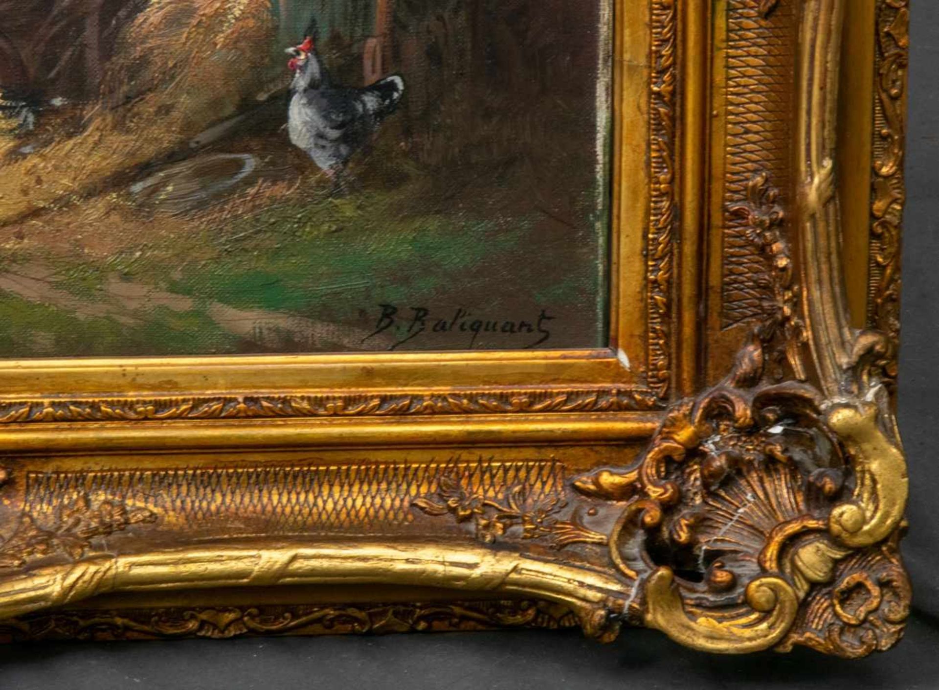 "Hühnerstall", Gemälde, Öl auf Leinwand, ca. 46 x 55 cm, signiert "B. Baliguant", prächtiger - Bild 5 aus 6