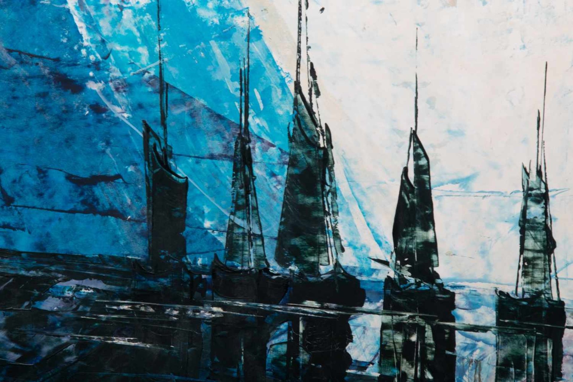 "Schiffe im Hafen". Acryl/Spachteltechnik auf Sperrholzplatte, ca. 48 x 98 cm, verso - Bild 3 aus 6
