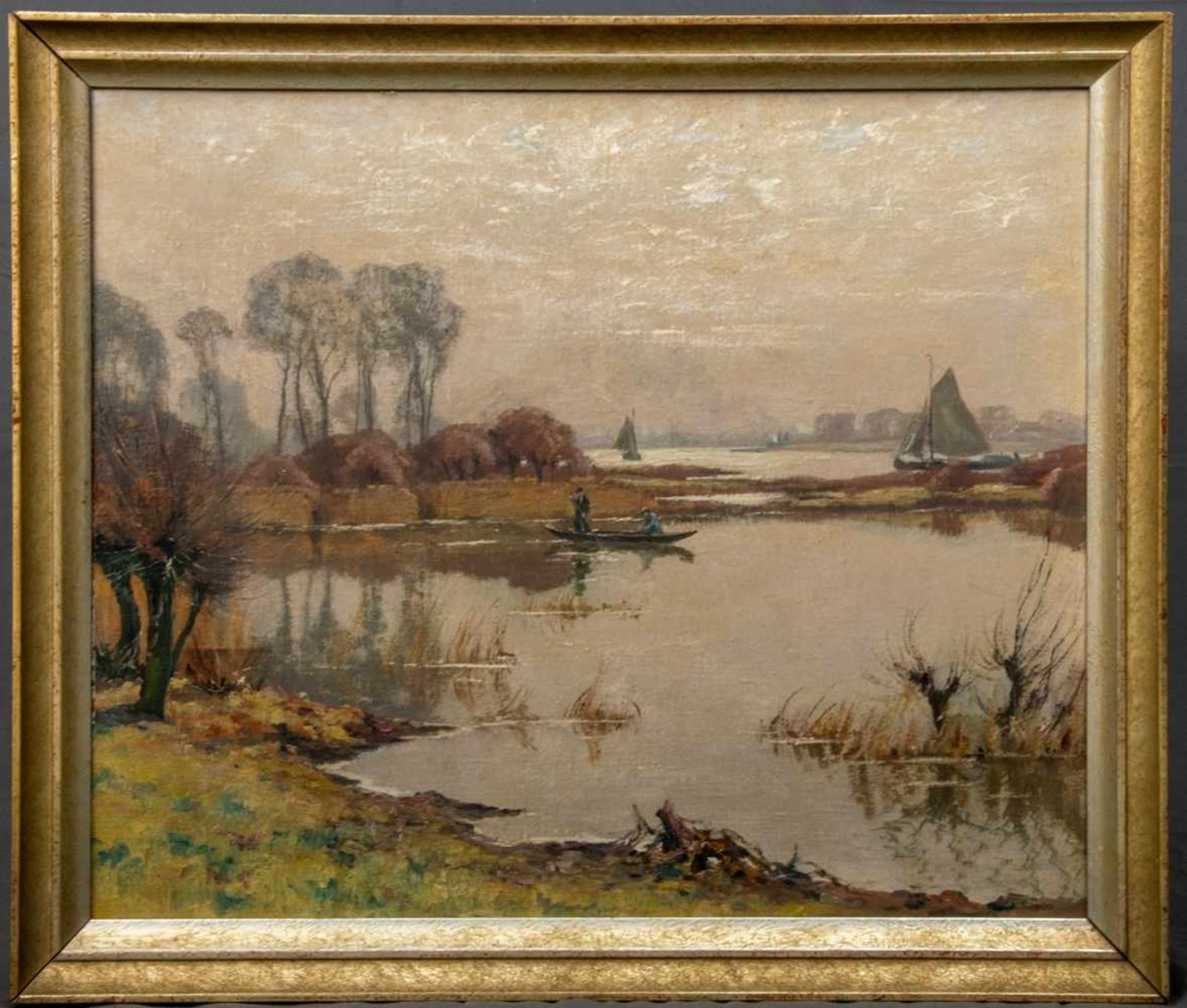 "Niederrheinische Landschaft mit Booten & Mühle, Gemälde, Öl auf Leinwand; unsignierte Arbeit