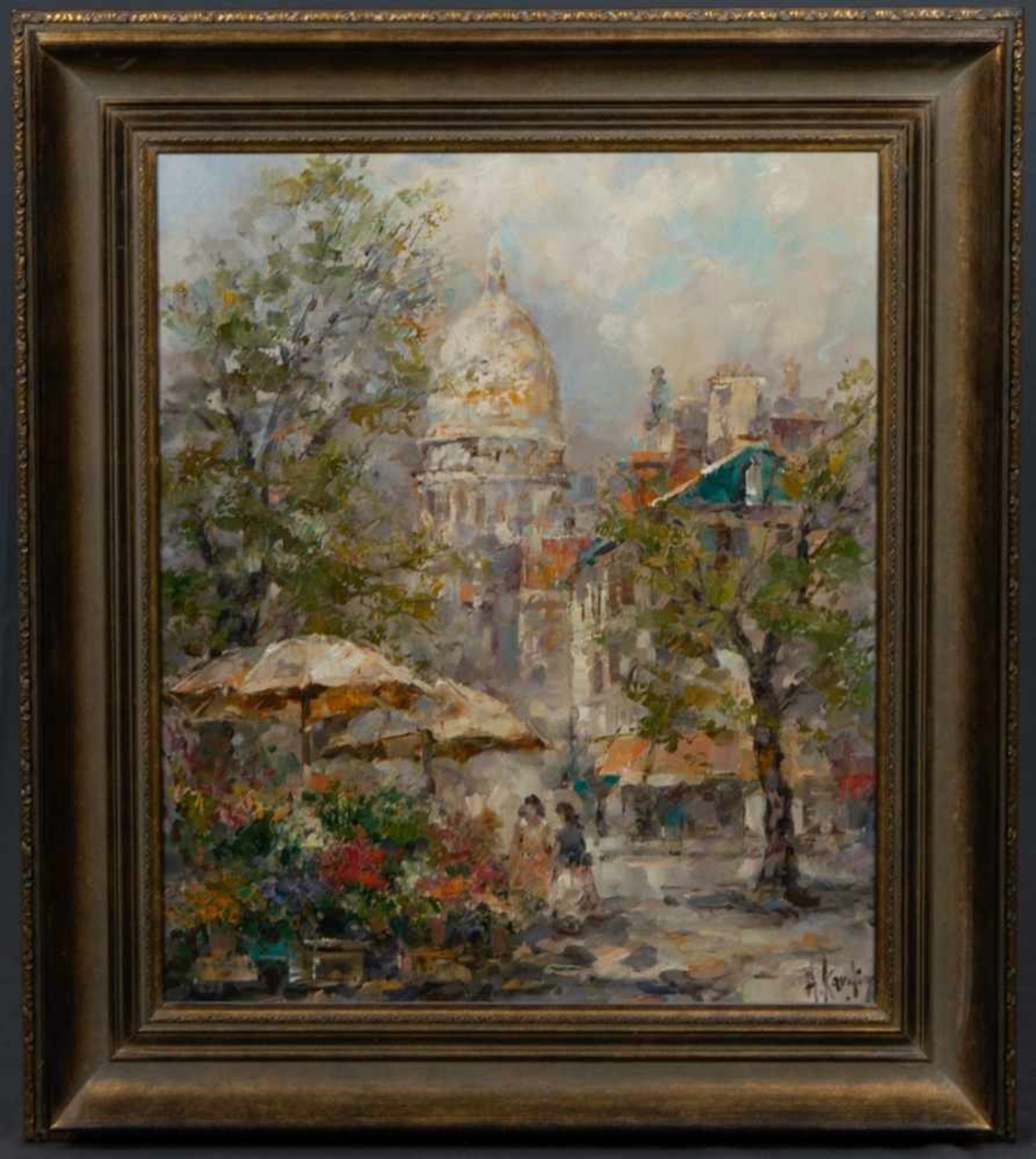"Blumenmarkt am Dom", Gemälde, Öl auf Leinwand, ca. 60 x 50 cm. Signiert "A. Karding" (o.s.ä.),