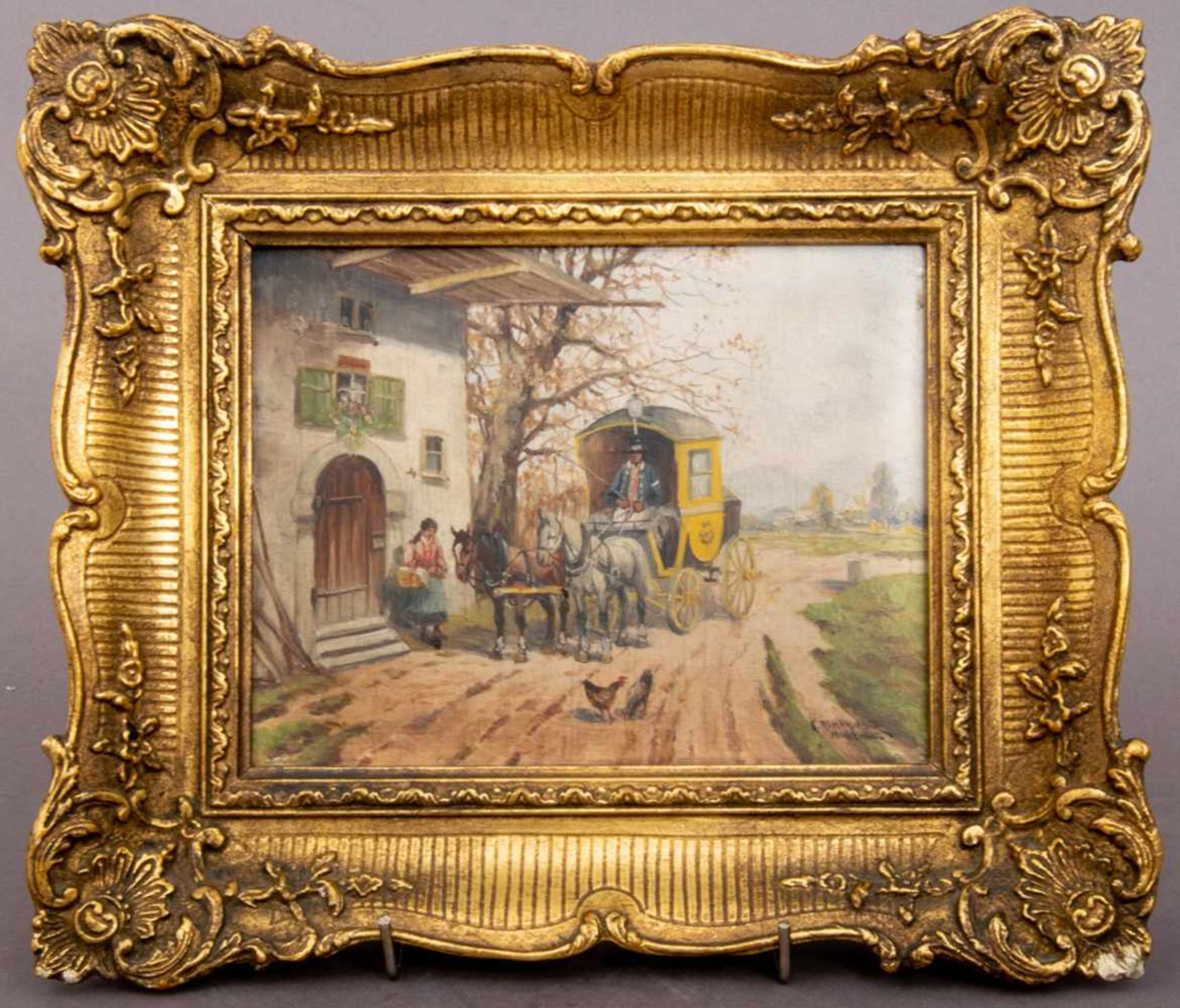 "Die Post ist da...!!!" - Kleinformatiges Gemälde, Öl auf Schichtholzplatte, ca. 14 x 18 cm,