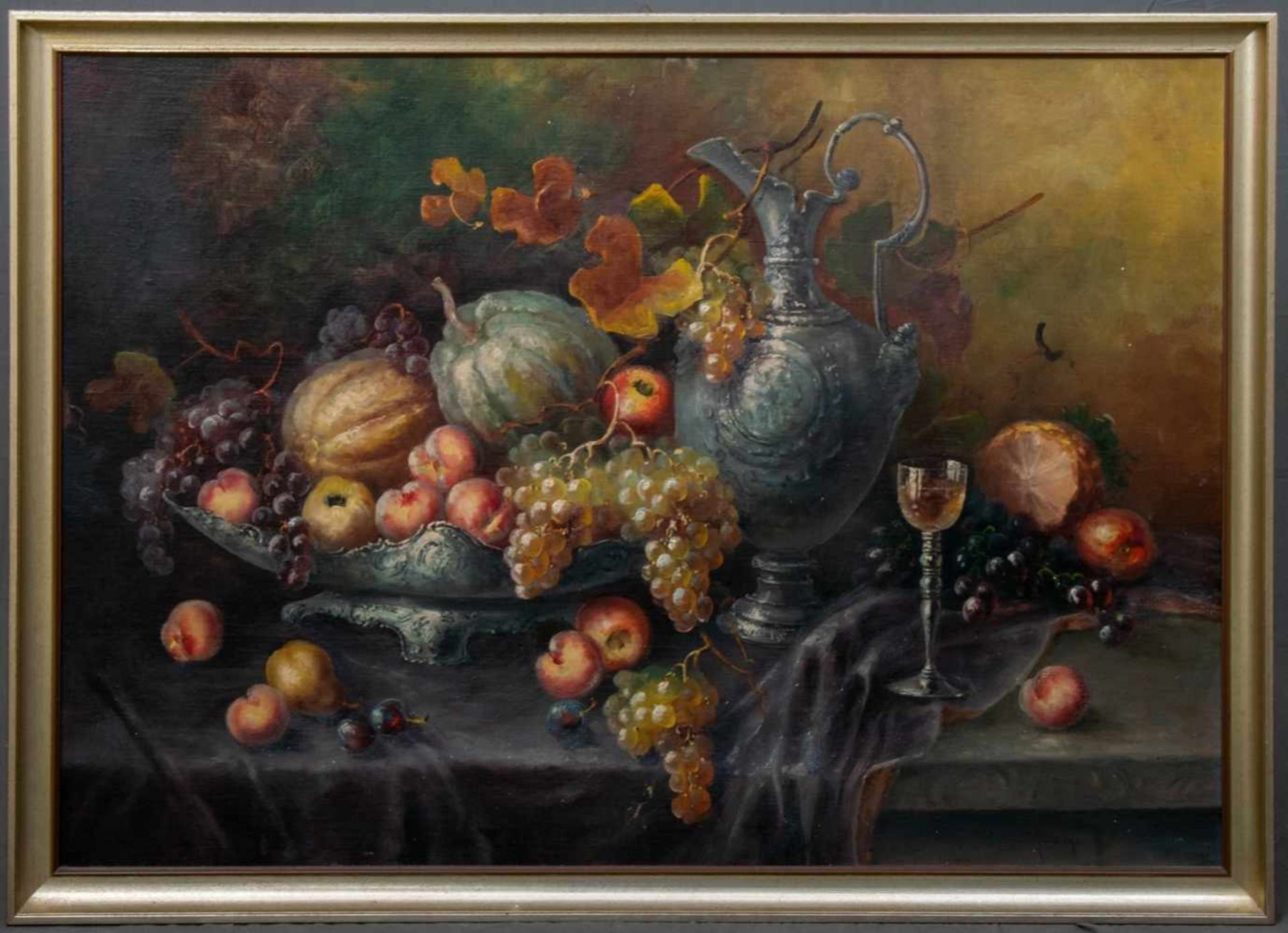 "Stilleben mit Obst u. Tafelsilber", Gemälde, Öl auf Leinwand ( diese flächig auf Karton geklebt).