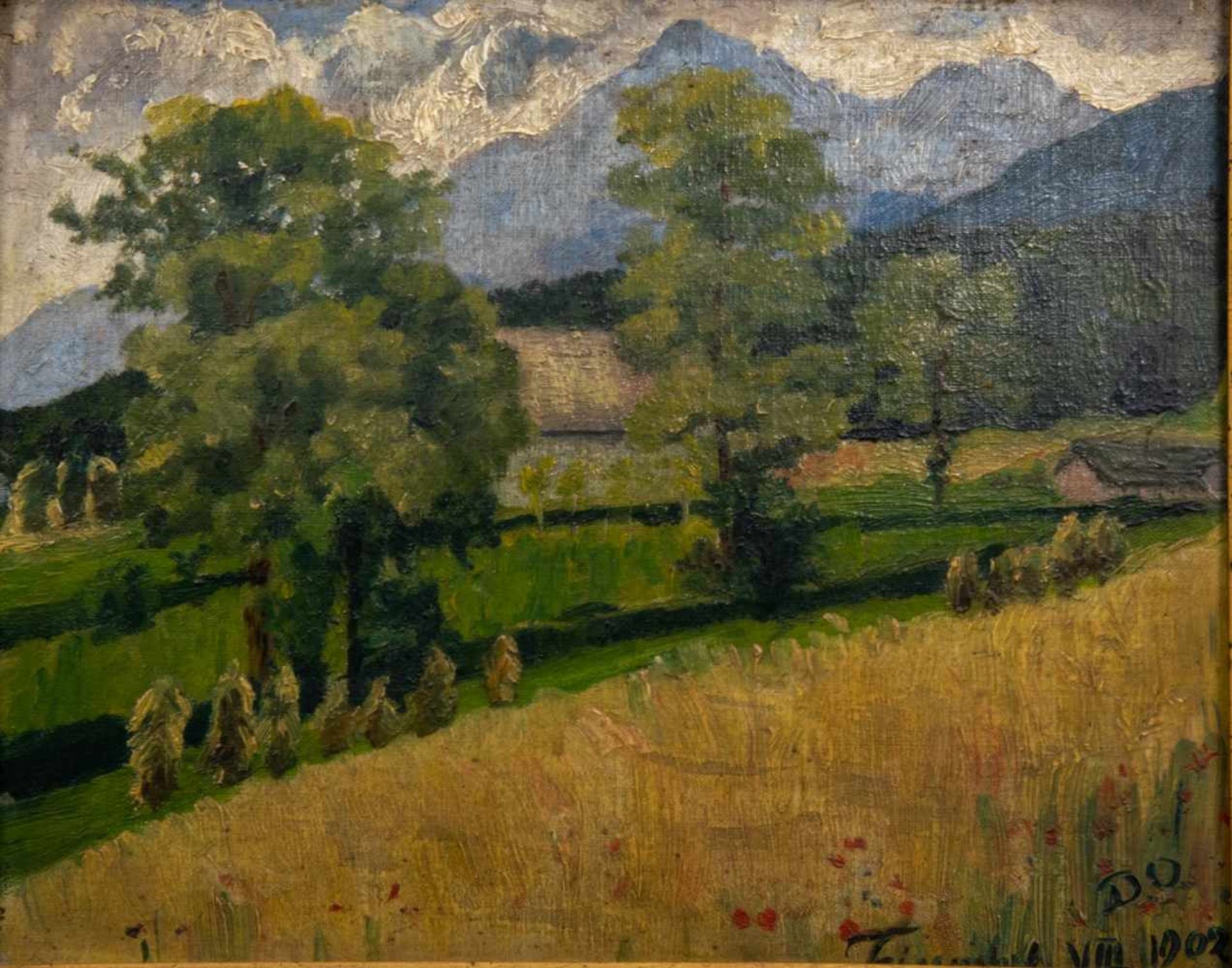 "Sommerliche Landschaft" vor Alpenpanorama, monogrammiert "D.O." - Teisen....VIII 1902. Gemälde, - Image 2 of 5