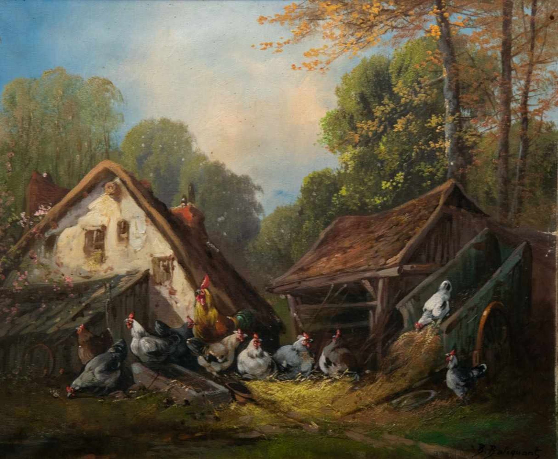 "Hühnerstall", Gemälde, Öl auf Leinwand, ca. 46 x 55 cm, signiert "B. Baliguant", prächtiger - Bild 2 aus 6