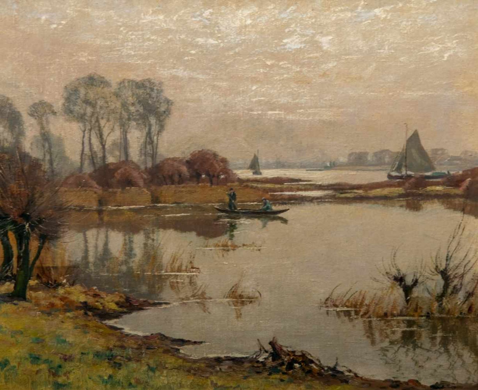 "Niederrheinische Landschaft mit Booten & Mühle, Gemälde, Öl auf Leinwand; unsignierte Arbeit - Bild 4 aus 5