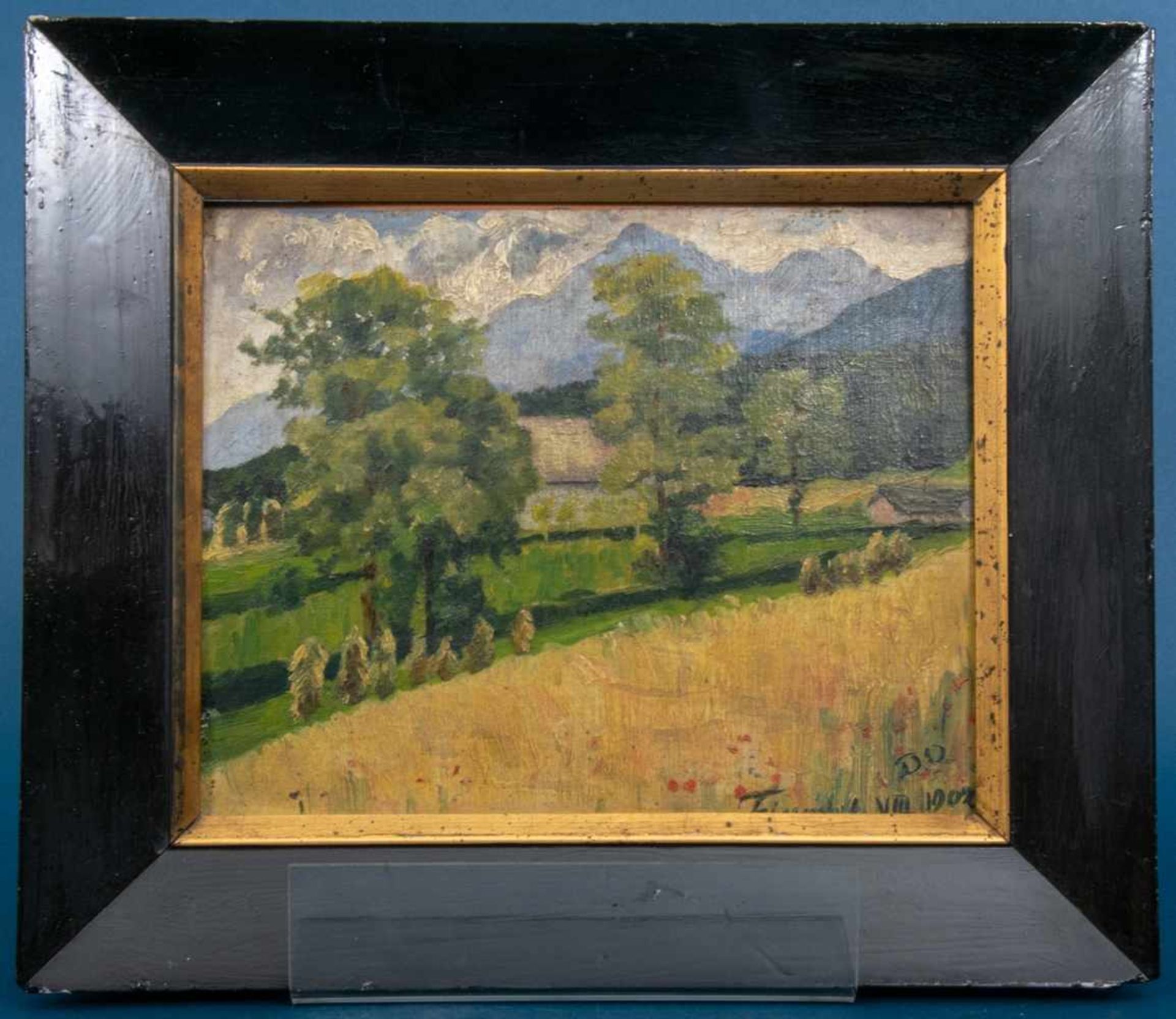 "Sommerliche Landschaft" vor Alpenpanorama, monogrammiert "D.O." - Teisen....VIII 1902. Gemälde,