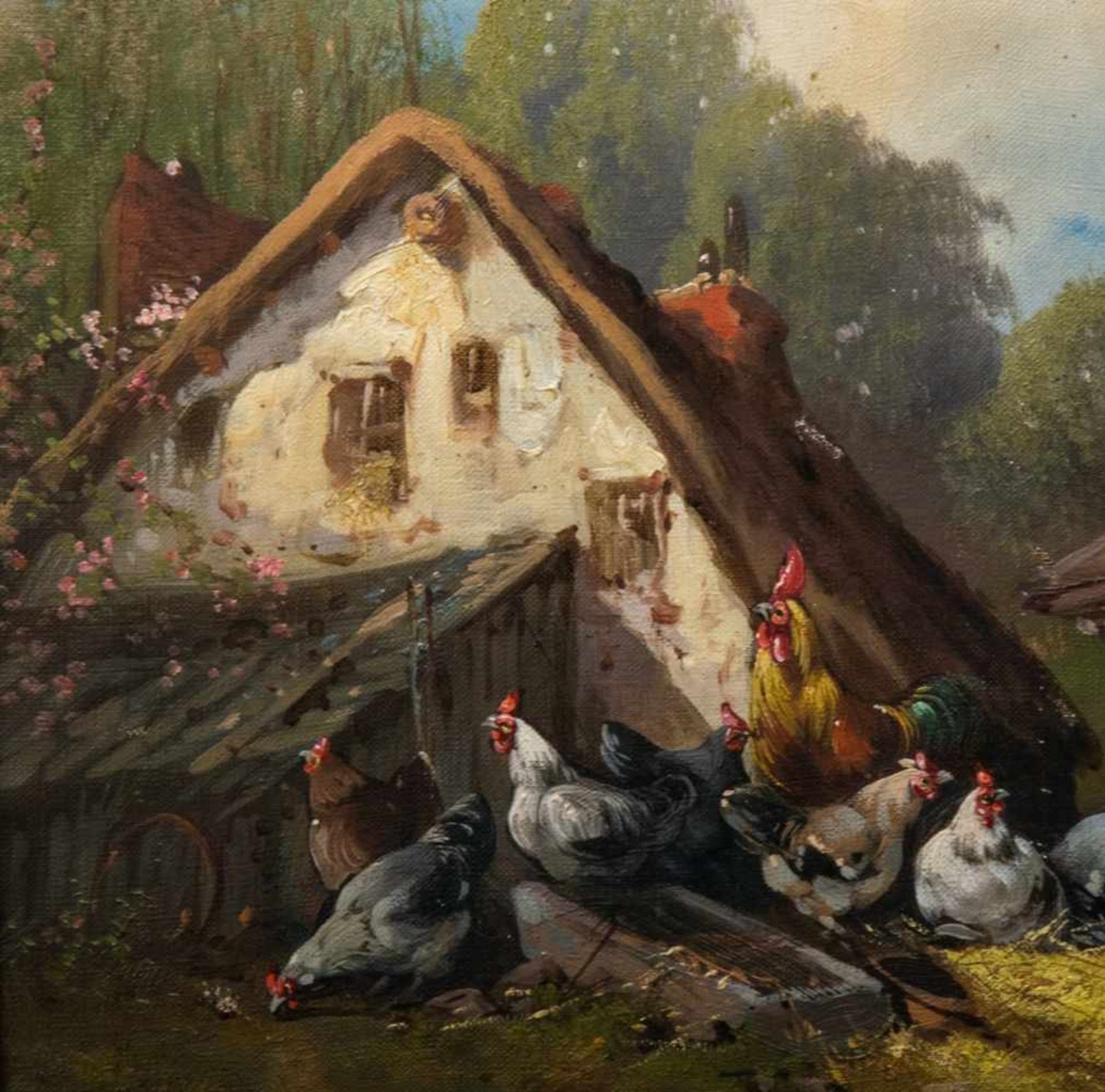 "Hühnerstall", Gemälde, Öl auf Leinwand, ca. 46 x 55 cm, signiert "B. Baliguant", prächtiger - Bild 4 aus 6