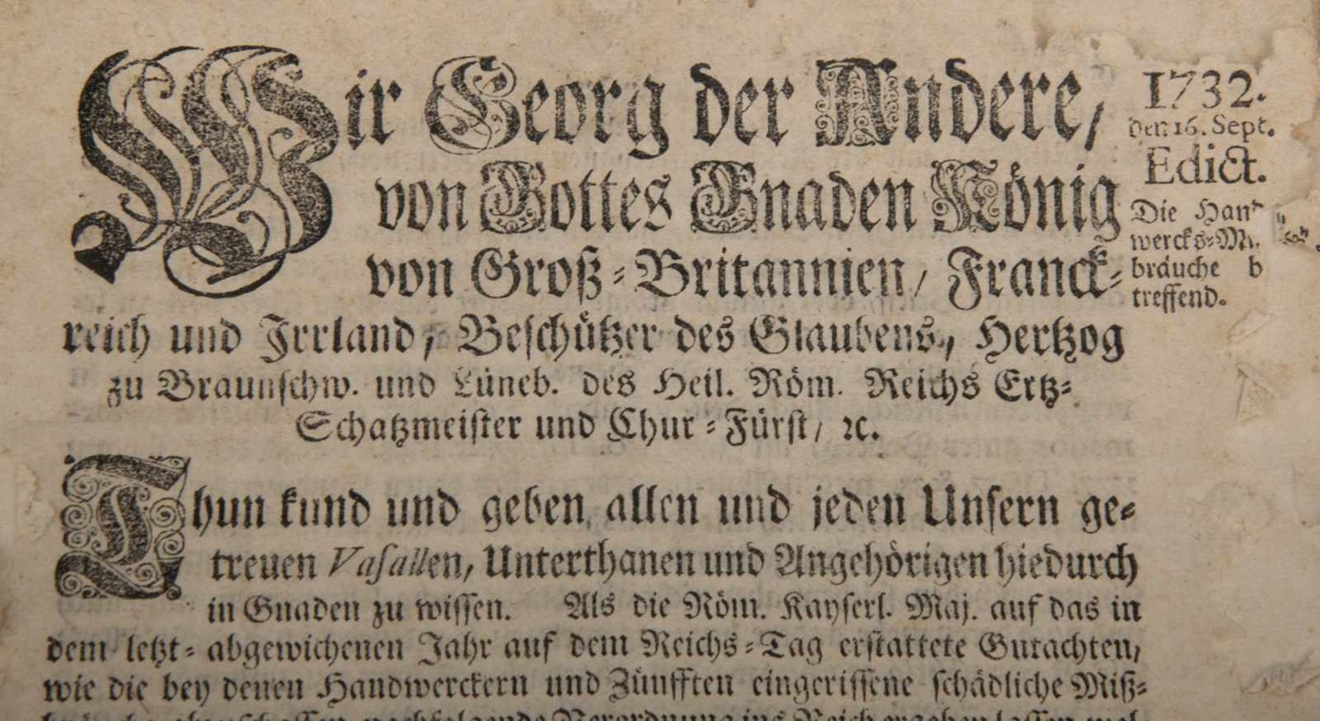 "Wir Georg... König von Großbritannien..." - Handwerksedikt von 1732. Altersschäden. Format ca. 20 x - Bild 2 aus 4