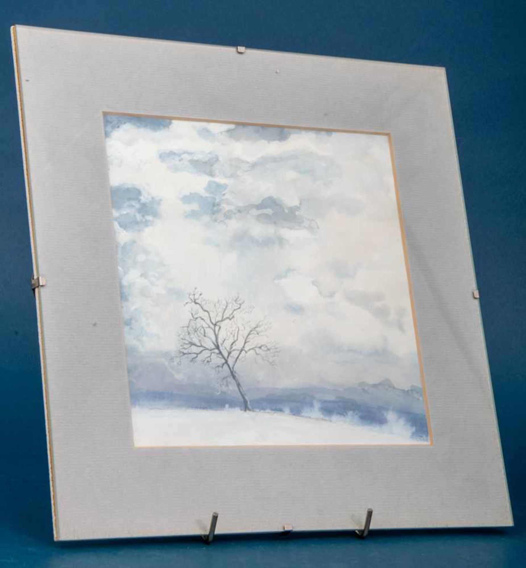 "Baum im Winterlicht - 1987", Mischtechnik, ca. 20 x 20 cm lichtes Innenmaß im Passepartout.