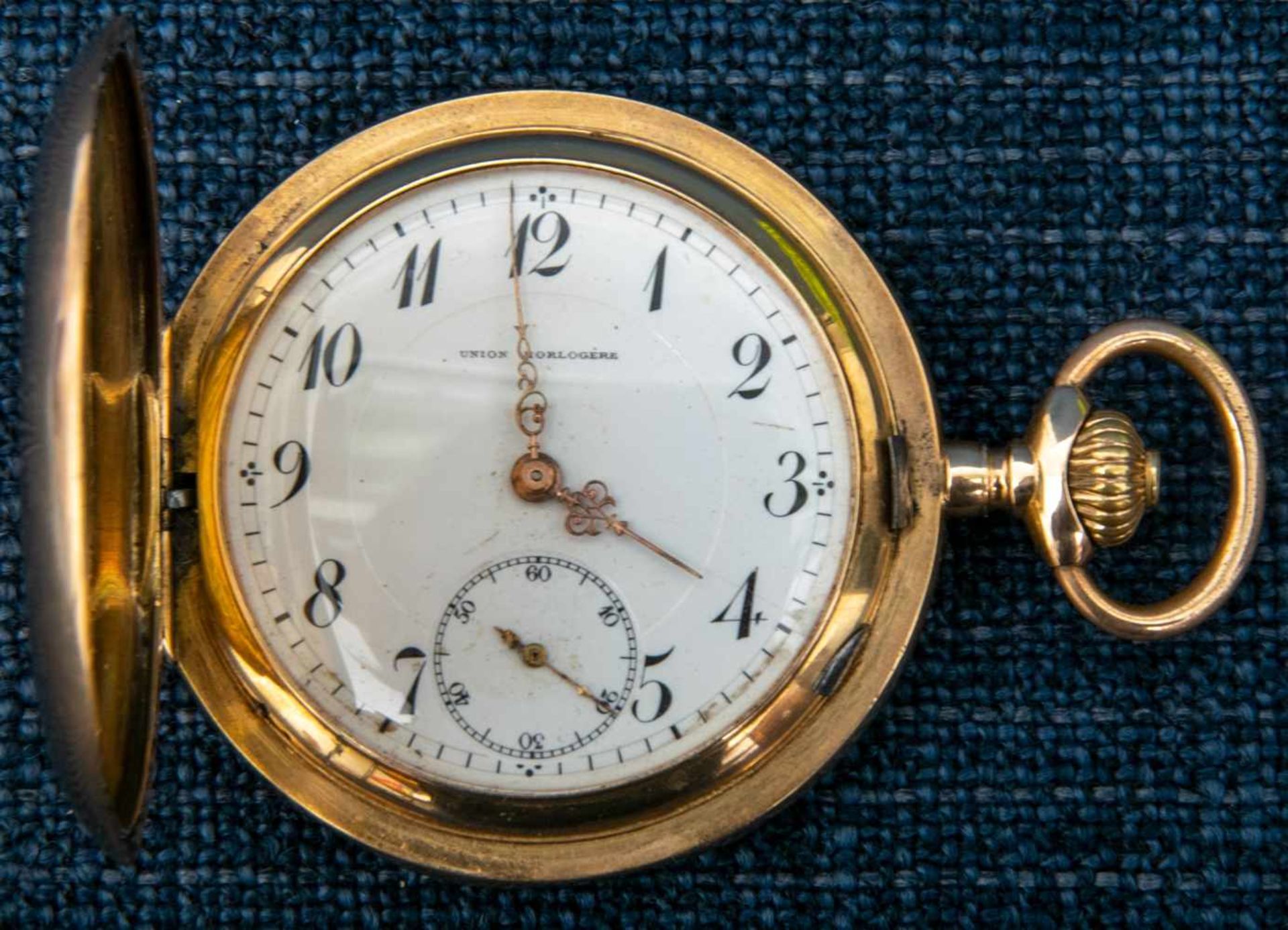 "UNION HORLOGERE" - Savonette Herrentaschenuhr um 1900/20, 585er Gelbgoldgehäuse mit ligiertem