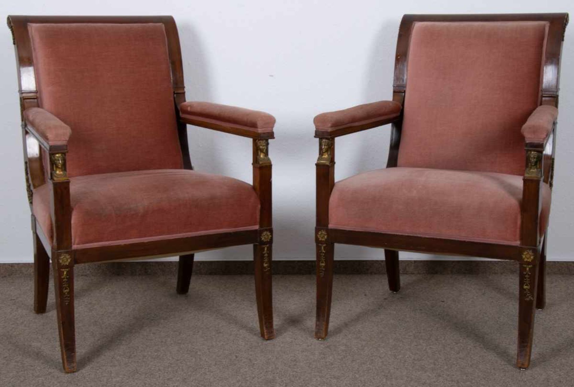 Paar Armlehnstühle/Sessel, Stil Empire um 1890, Mahagoni mit reichem Messingbeschlagwerk,