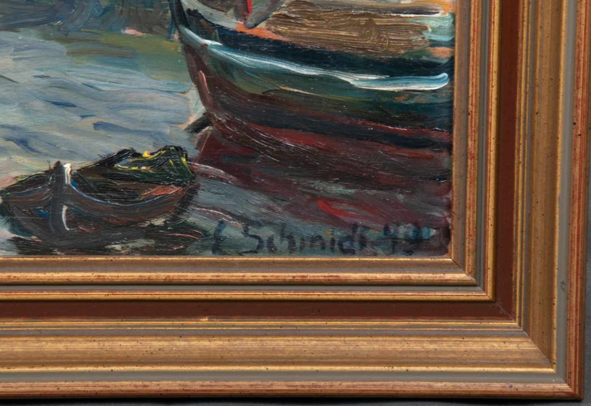 "Stadtansicht", Gemälde, Öl auf Sperrholzplatte, ca. 41 x 55 cm, signiert & datiert "E. Schmidt ( - Bild 5 aus 7