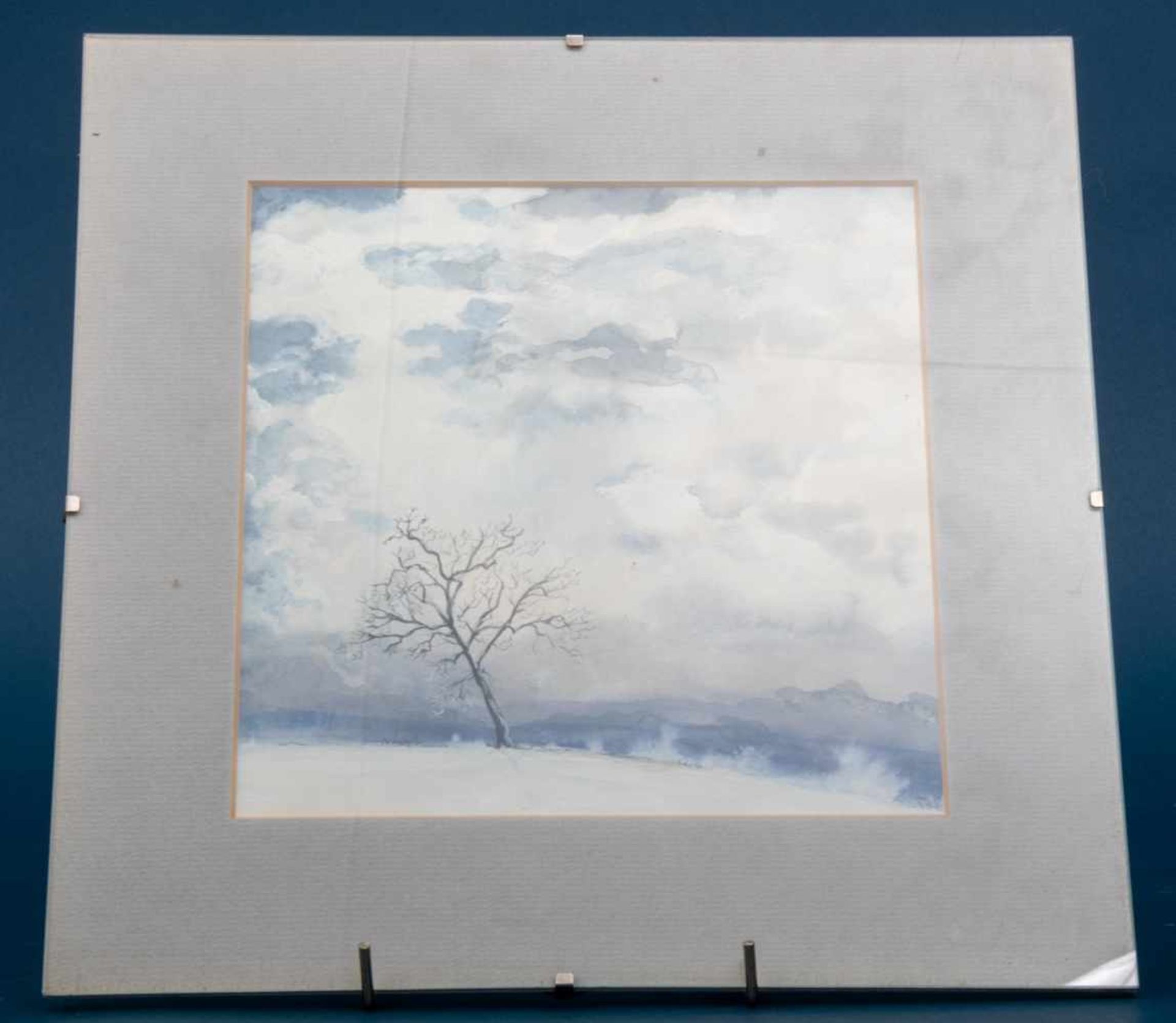 "Baum im Winterlicht - 1987", Mischtechnik, ca. 20 x 20 cm lichtes Innenmaß im Passepartout. - Bild 2 aus 6